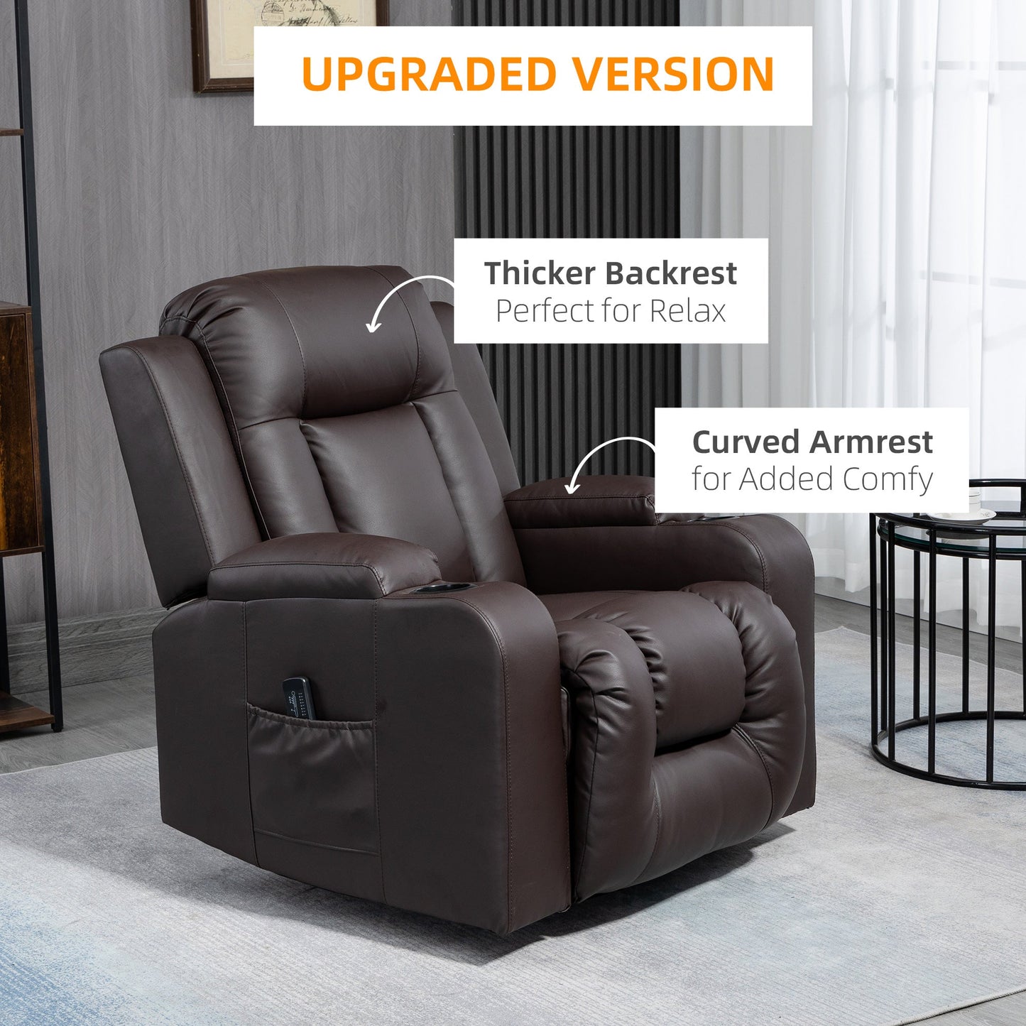 Massage Recliner Chair for Living Room with 8 Vibration Points, PU Leather Reclining Chair with Cup Holders, Swivel Base, Rocking Function, Brown Single Sofas   at Gallery Canada