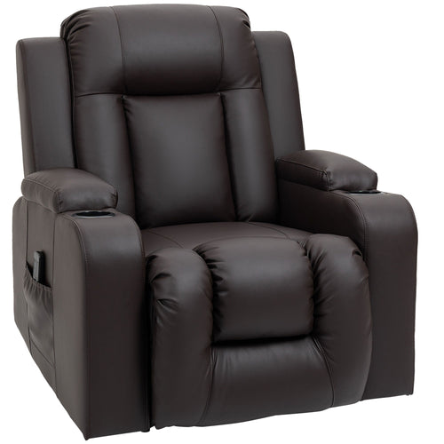 Massage Recliner Chair for Living Room with 8 Vibration Points, PU Leather Reclining Chair with Cup Holders, Swivel Base, Rocking Function, Brown