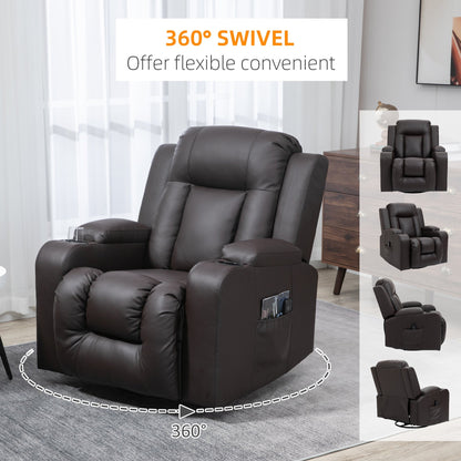 Massage Recliner Chair for Living Room with 8 Vibration Points, PU Leather Reclining Chair with Cup Holders, Swivel Base, Rocking Function, Brown Single Sofas   at Gallery Canada