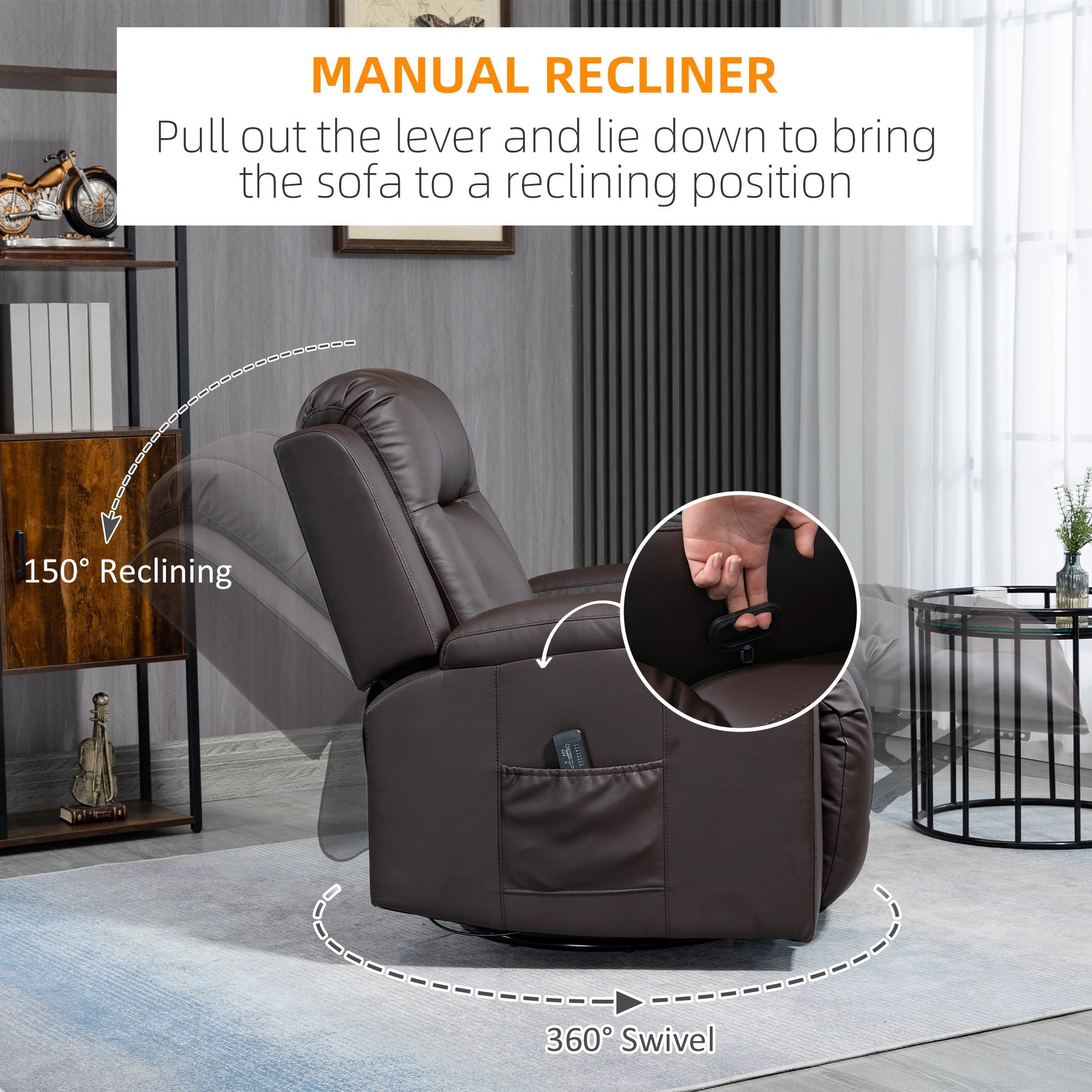 Massage Recliner Chair for Living Room with 8 Vibration Points, PU Leather Reclining Chair with Cup Holders, Swivel Base, Rocking Function, Brown Single Sofas   at Gallery Canada