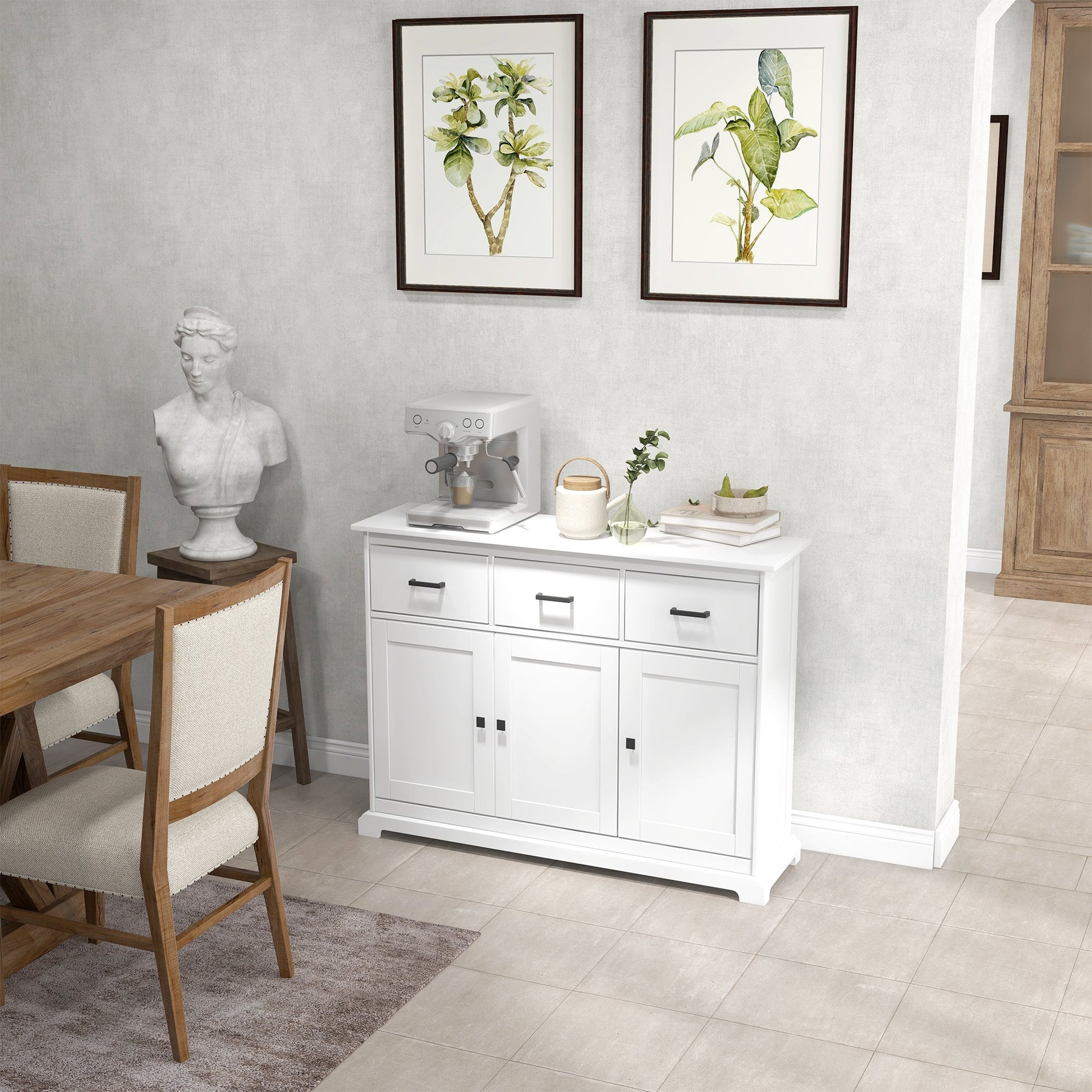 Buffet Cabinet Sideboard with 2 Storage Cabinets, 3 Drawers, Adjustable Shelves for Kitchen Entryway, White Kitchen Pantry Cabinets   at Gallery Canada