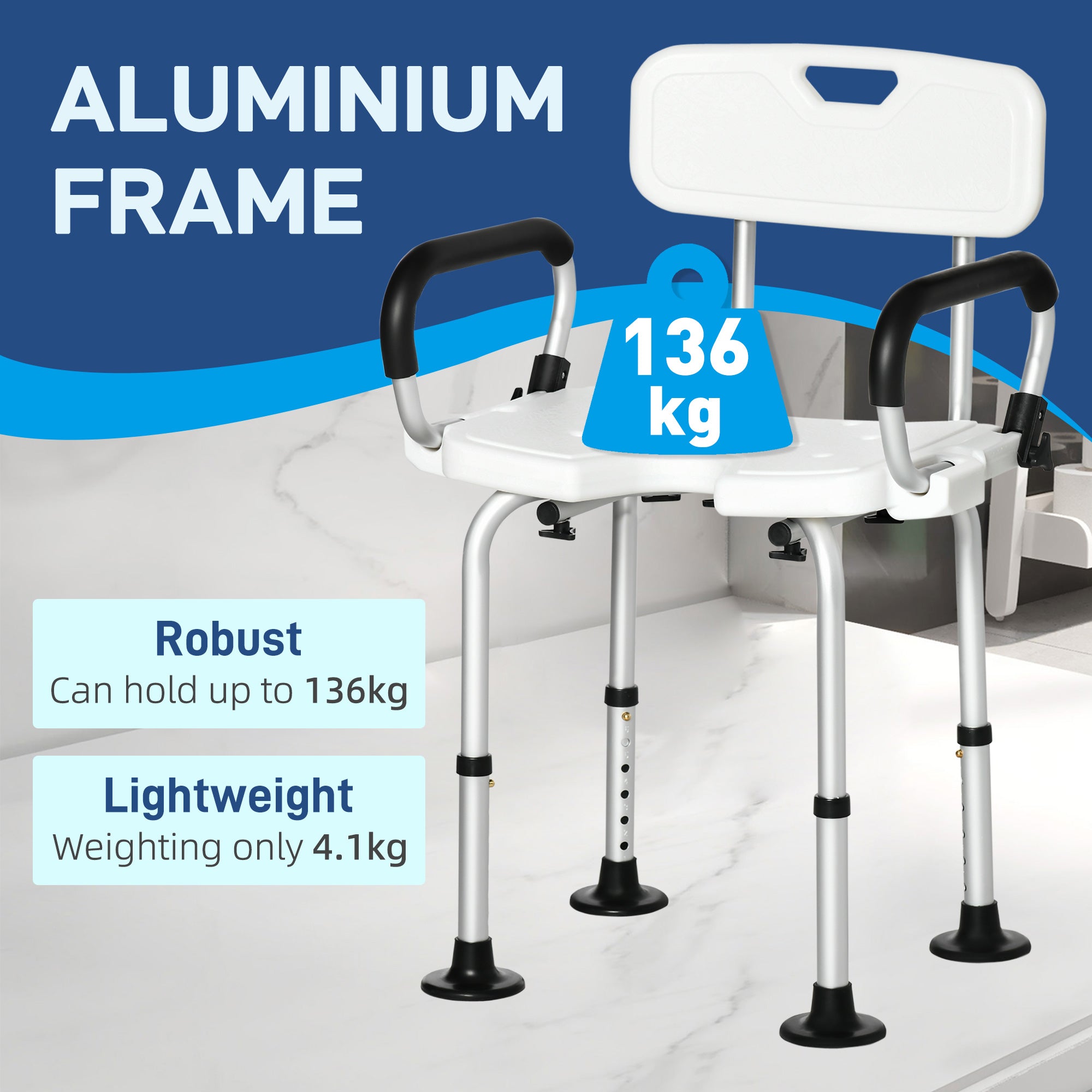Adjustable Shower Chair, Bath Chair with U Shaped Seat, Anti-slip Shower Bench for Seniors, Tool-Free Assembly, 299lbs Bath Chairs at Gallery Canada