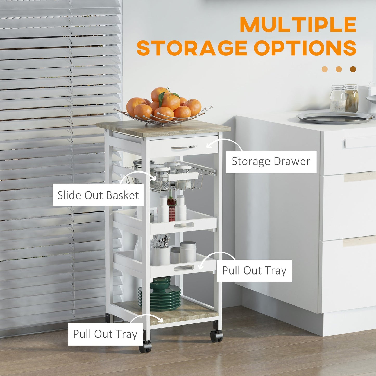 Rolling Kitchen Island Cart, Mobile Utility Storage Cart with Drawer, Wire Storage Basket, Removable Tray, White Kitchen Islands & Kitchen Carts   at Gallery Canada