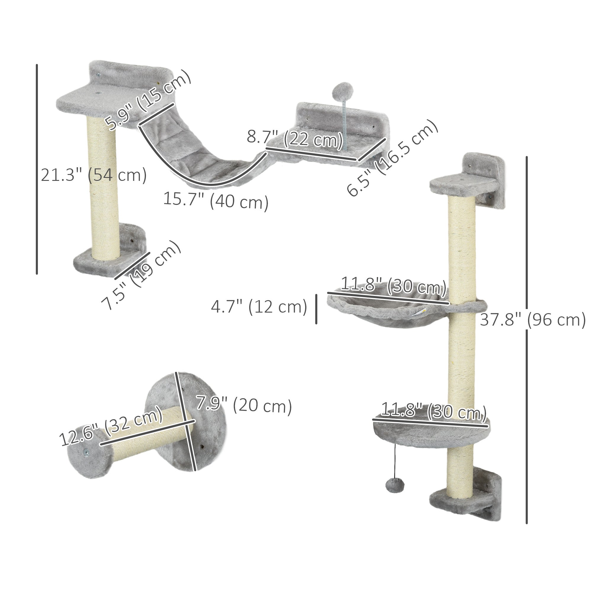 4PCs Cat Wall Shelves with Hammock, Scratching Post, Ladder, Steps, Platforms, Toy Balls, Grey Cat Climbing Wall at Gallery Canada