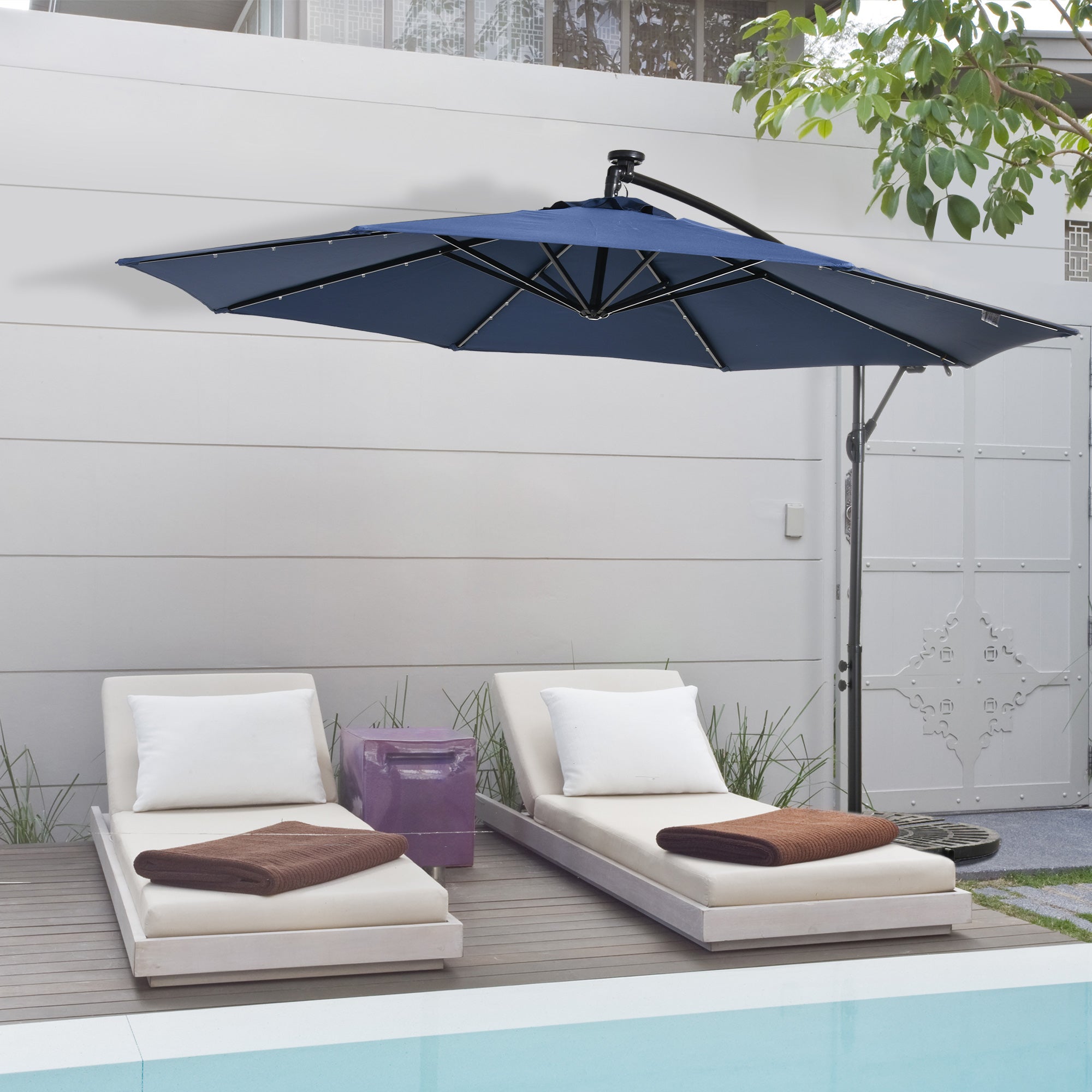 10ft Outdoor Cantilever Umbrella with Solar Lights Banana Umbrella with Adjustable Angle for Patio Backyard Navy Blue Cantilever Umbrellas at Gallery Canada