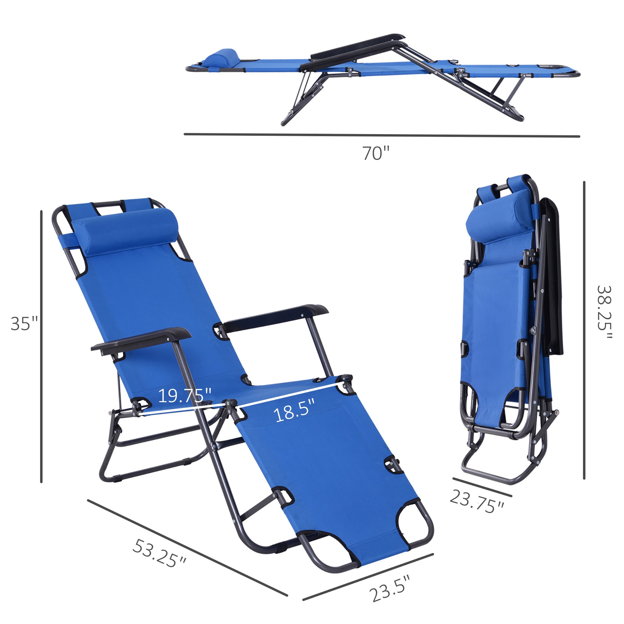 Folding Chaise Lounge Chair, Outdoor Portable 2-Level Adjustable Recliner Zero Gravity Chair with Headrest Pillow, Blue Lounger Chairs   at Gallery Canada