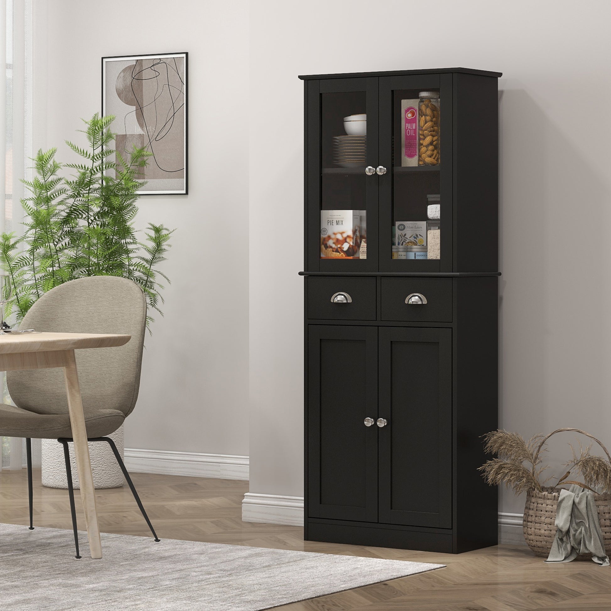 61" Kitchen Pantry Cabinet, Freestanding Farmhouse Storage Cabinet with Soft Close Glass Doors and Adjustable Shelves, Black Kitchen Pantry Cabinets   at Gallery Canada