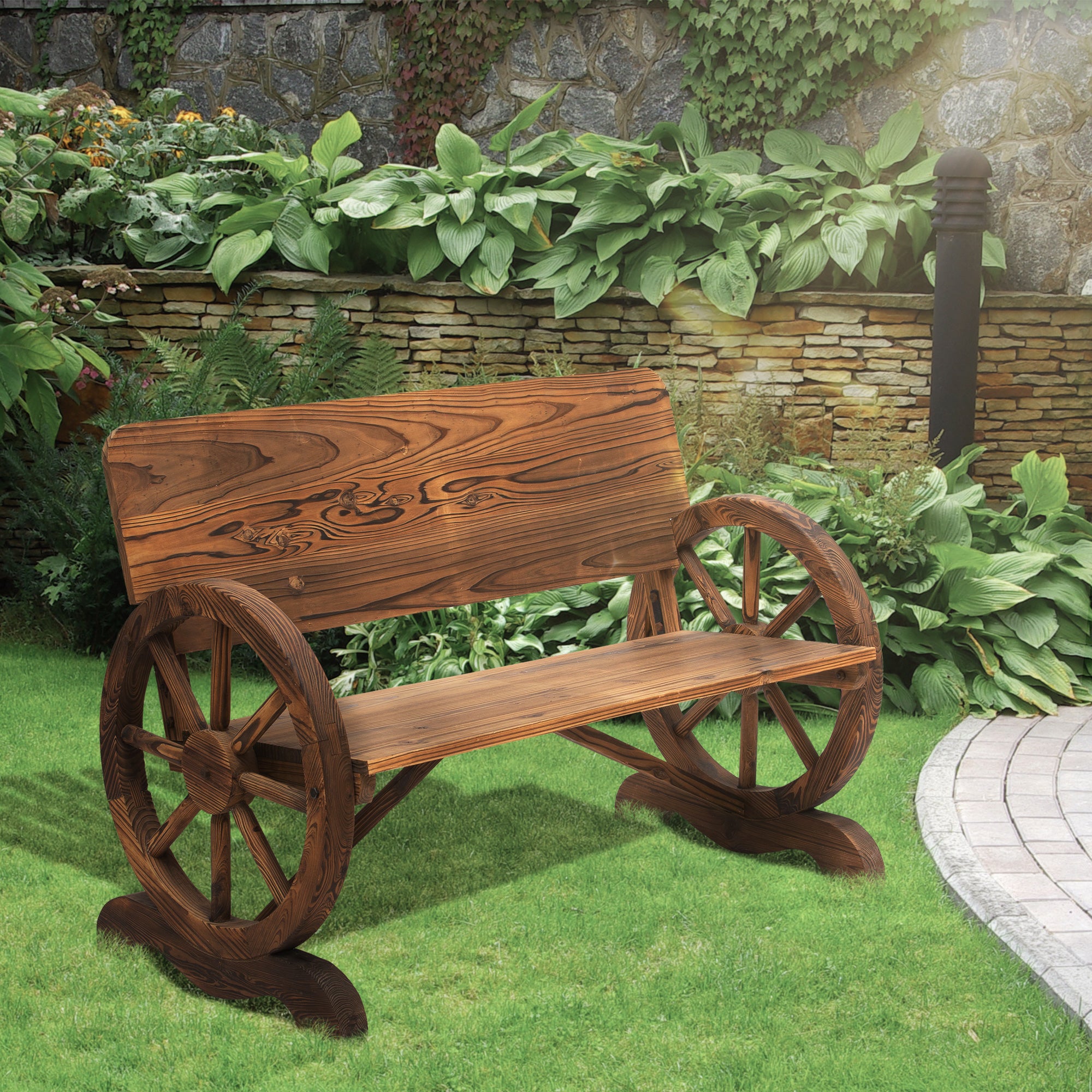 Wooden Wagon Wheel Bench Rustic Design 2 Seater Garden Outdoor Chair High Back Loveseat Outdoor Benches at Gallery Canada