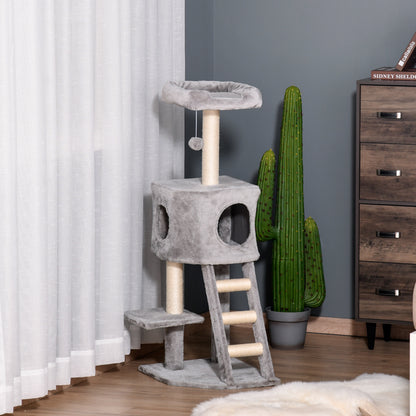 47" Tall Cat Tree Tower with Condo, Ladder, Scratching Posts and Hanging Ball, Light Grey Cat Towers   at Gallery Canada