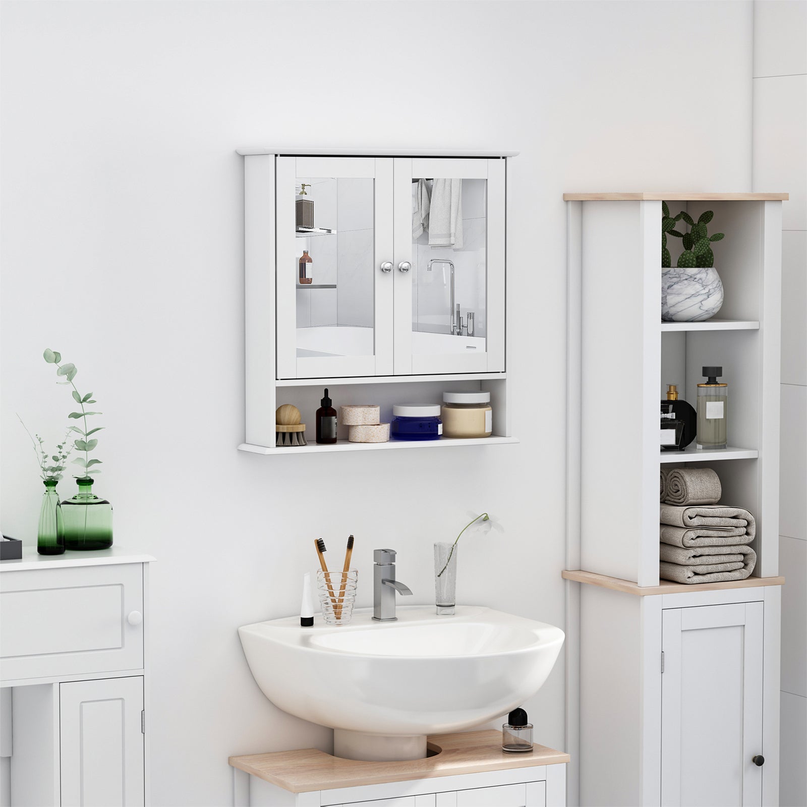 Medicine Cabinet, Wall-Mounted Bathroom Mirror Cabinet with Double Doors, Open Shelf, and Adjustable Shelf - Modern Bathroom Wall Cabinet, White Mirror Medicine Cabinets   at Gallery Canada