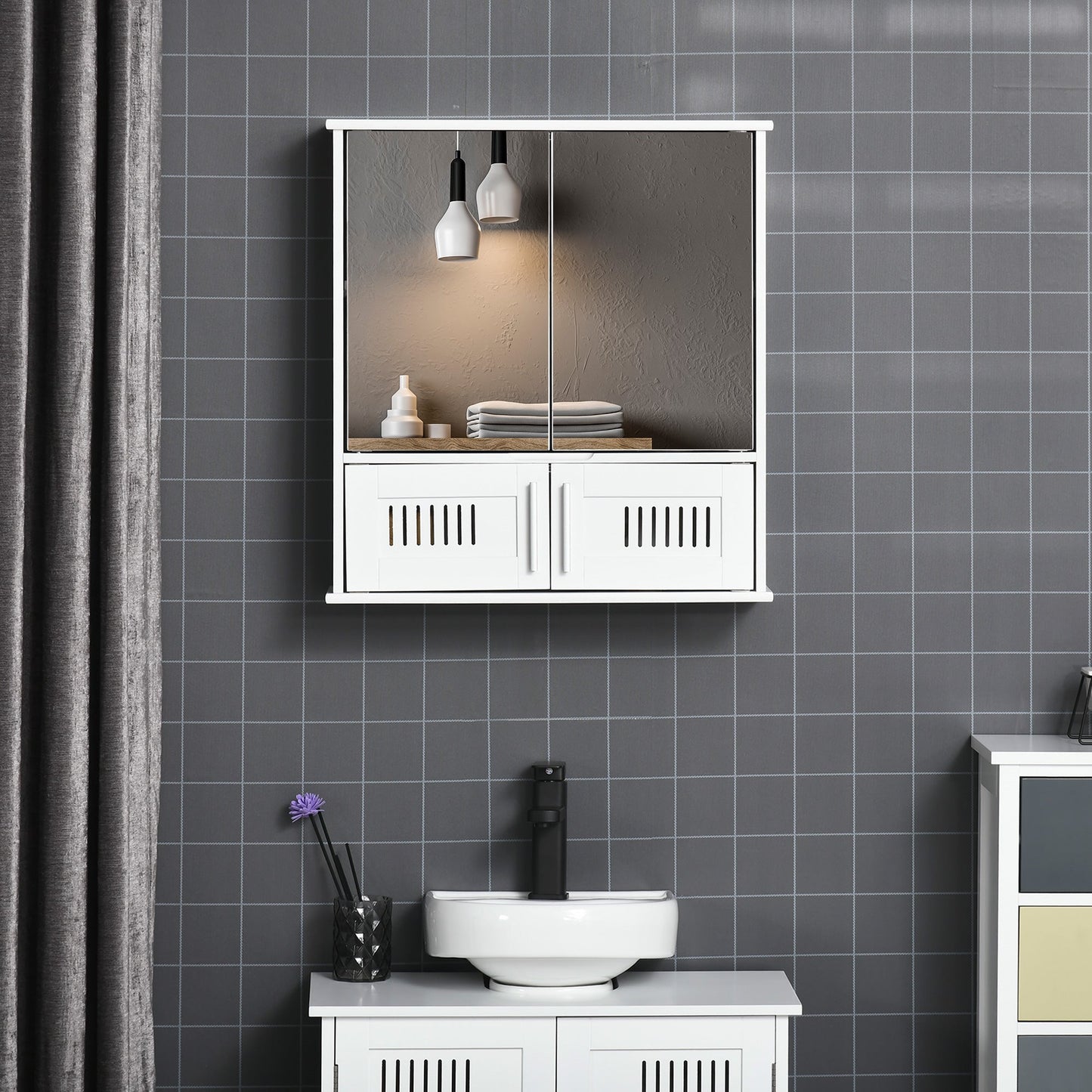 Medicine Cabinet with Mirror, Bathroom Wall Cabinet with 2 Mirrored Doors, 2 Slat Doors and Adjustable Shelf, White Mirror Medicine Cabinets   at Gallery Canada