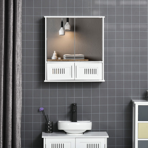 Medicine Cabinet with Mirror, Bathroom Wall Cabinet with 2 Mirrored Doors, 2 Slat Doors and Adjustable Shelf, White