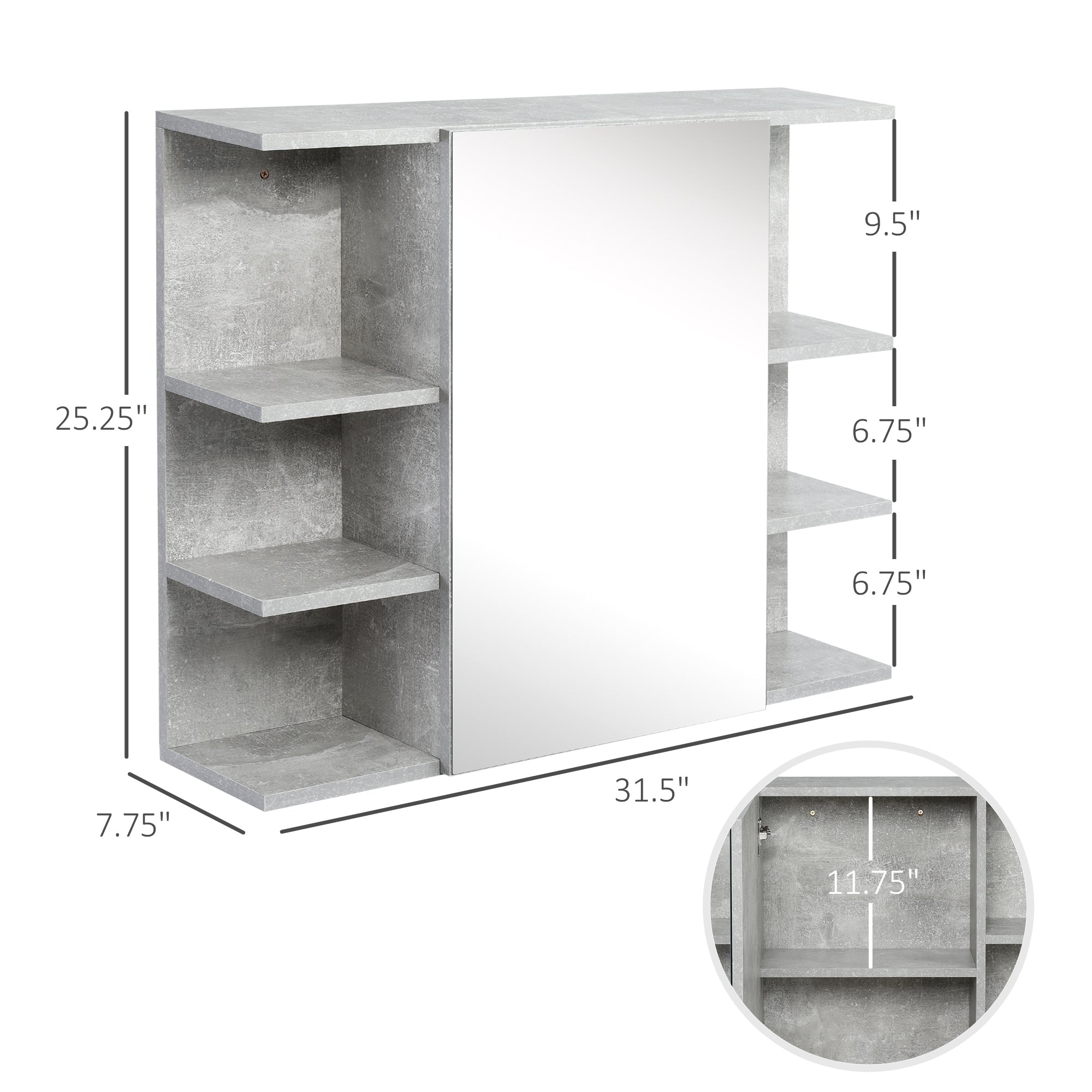 Medicine Cabinet with Mirror, Cement-Like Contemporary Bathroom Wall Cabinet with 6 Open Shelves, Grey Mirror Medicine Cabinets   at Gallery Canada