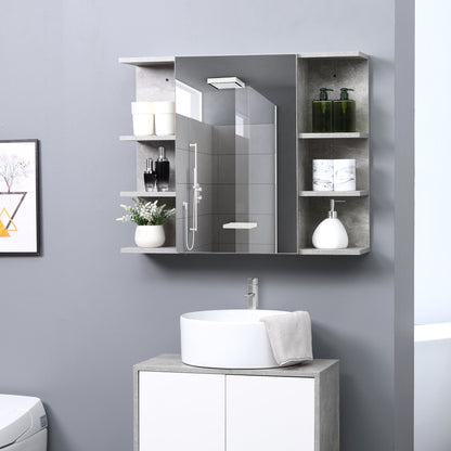 Medicine Cabinet with Mirror, Cement-Like Contemporary Bathroom Wall Cabinet with 6 Open Shelves, Grey Mirror Medicine Cabinets   at Gallery Canada