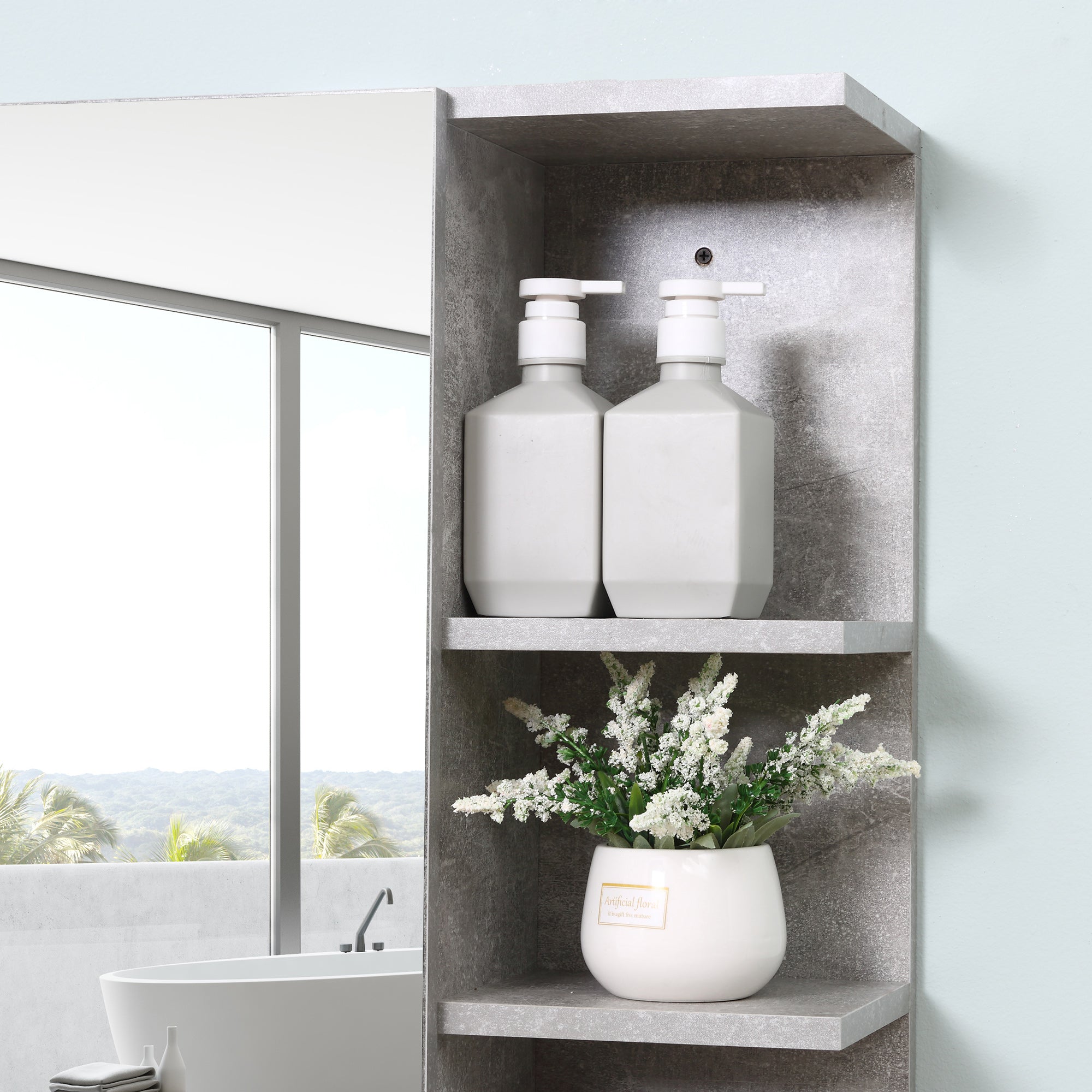 Medicine Cabinet with Mirror, Cement-Like Contemporary Bathroom Wall Cabinet with 6 Open Shelves, Grey Mirror Medicine Cabinets   at Gallery Canada