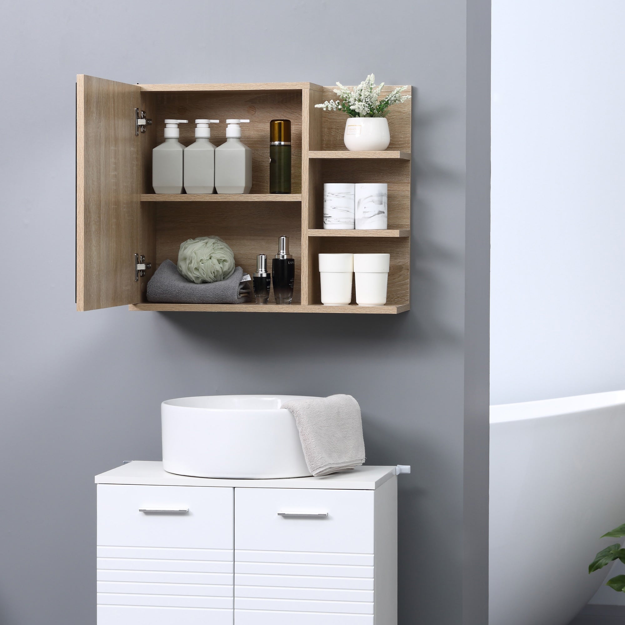 Medicine Cabinet with Mirror, Wall Mounted Bathroom Mirror Cabinet, Bathroom Wall Cabinet with 3 Open Shelves, Natural Mirror Medicine Cabinets   at Gallery Canada