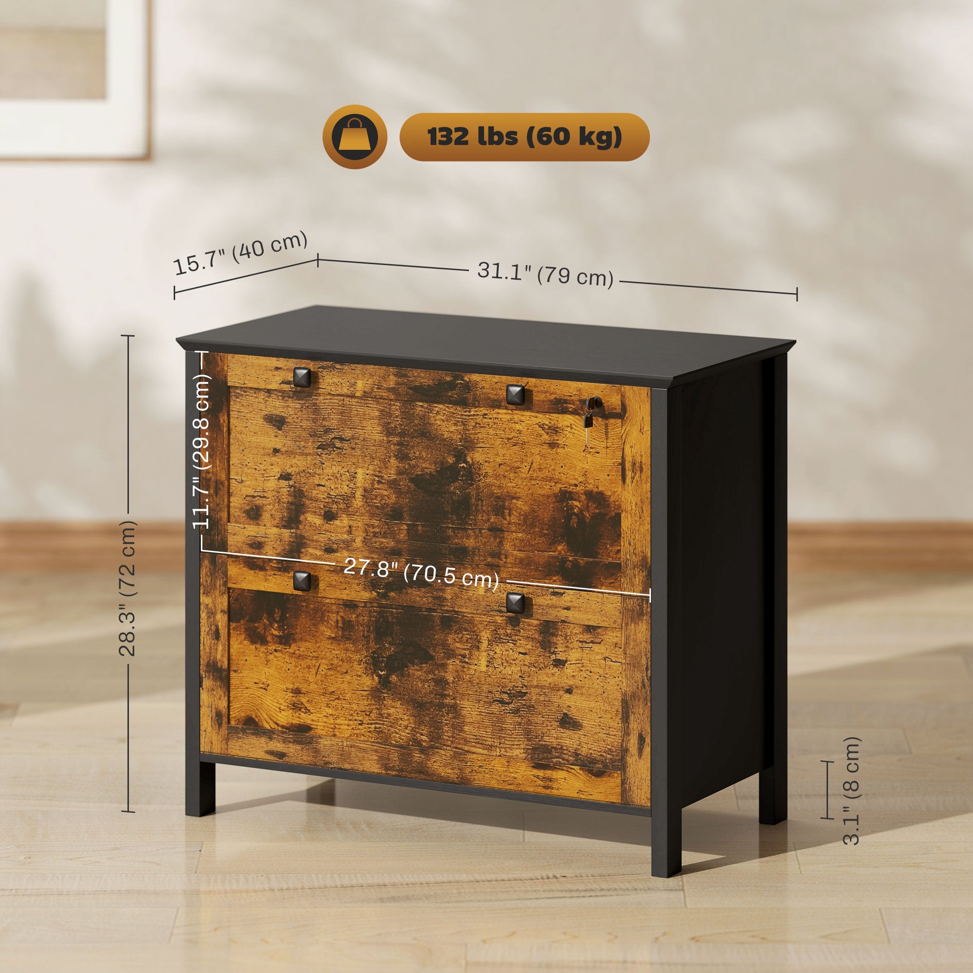 2 Drawer File Cabinet, Lockable Filing Cabinet with Adjustable Hanging Bar for Letter, A4 Size, Rustic Brown Office Cabinets & Cupboards at Gallery Canada
