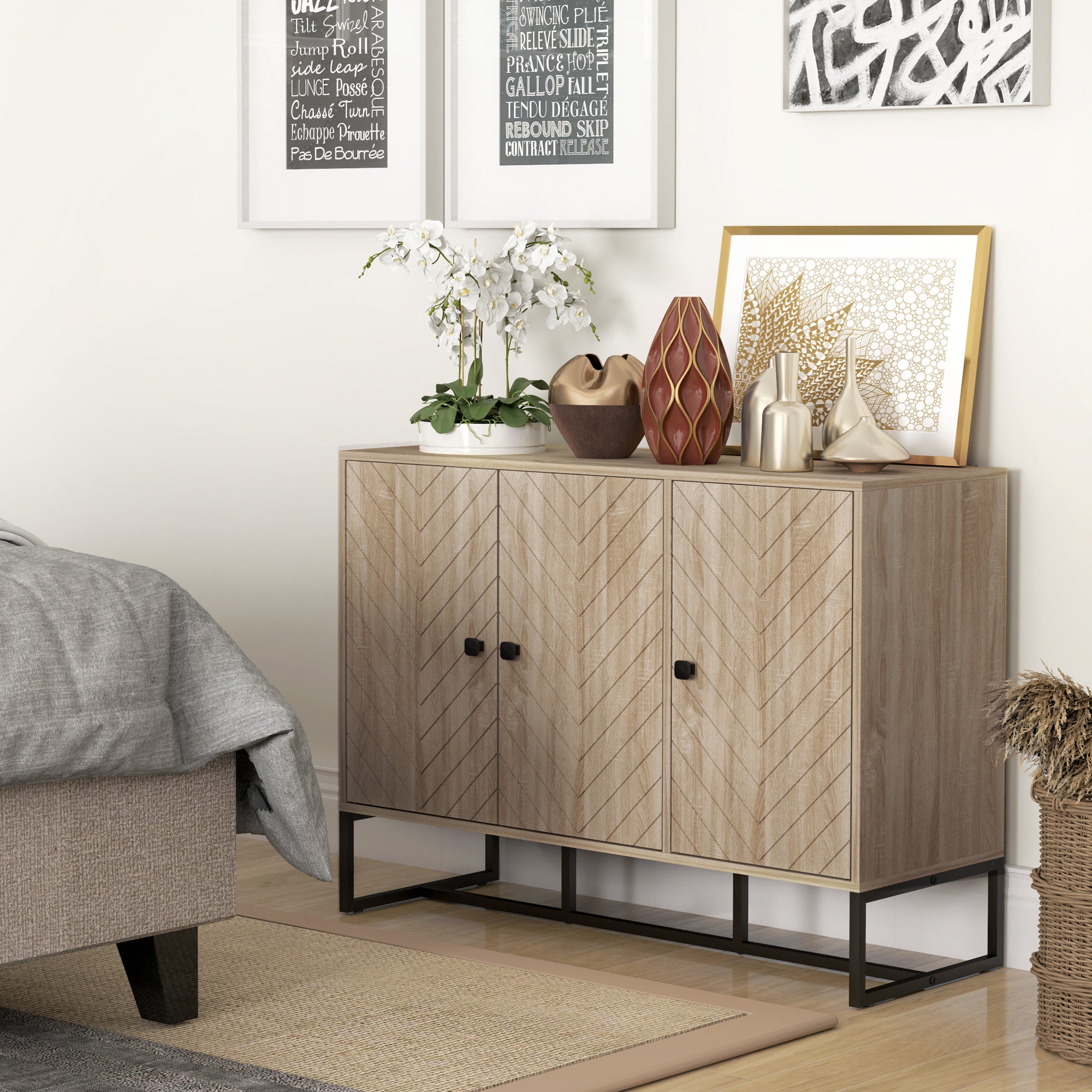 Modern Sideboard, Buffet Cabinet with Adjustable Shelves, 3 Chevron Doors for Living Room, Hallway, Oak Wood Grain Storage Cabinets at Gallery Canada