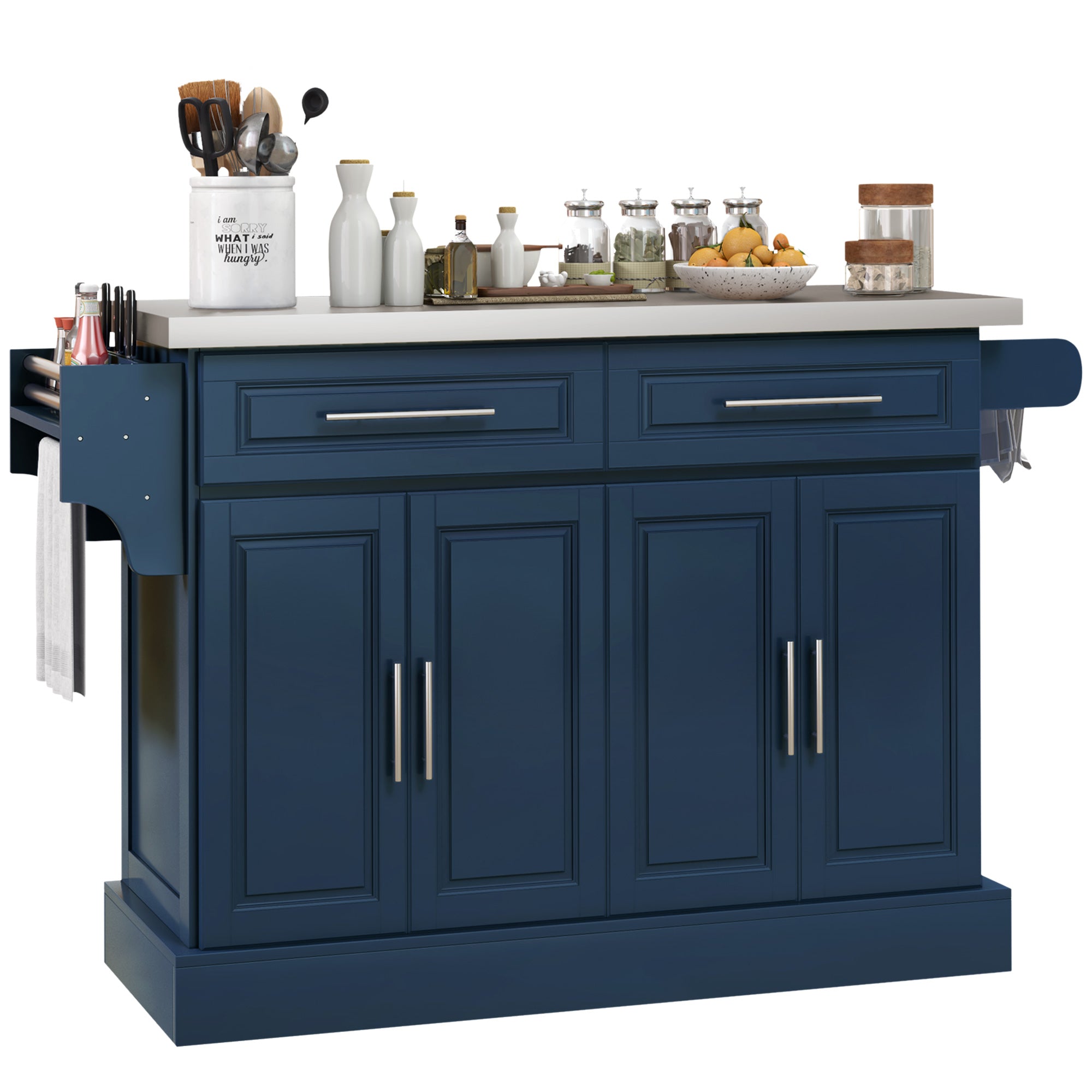 Rolling Kitchen Island with Storage and Stainless Steel Top, Kitchen Trolley with Drawers, Cabinets, Towel Rack, Blue Kitchen Islands & Kitchen Carts at Gallery Canada