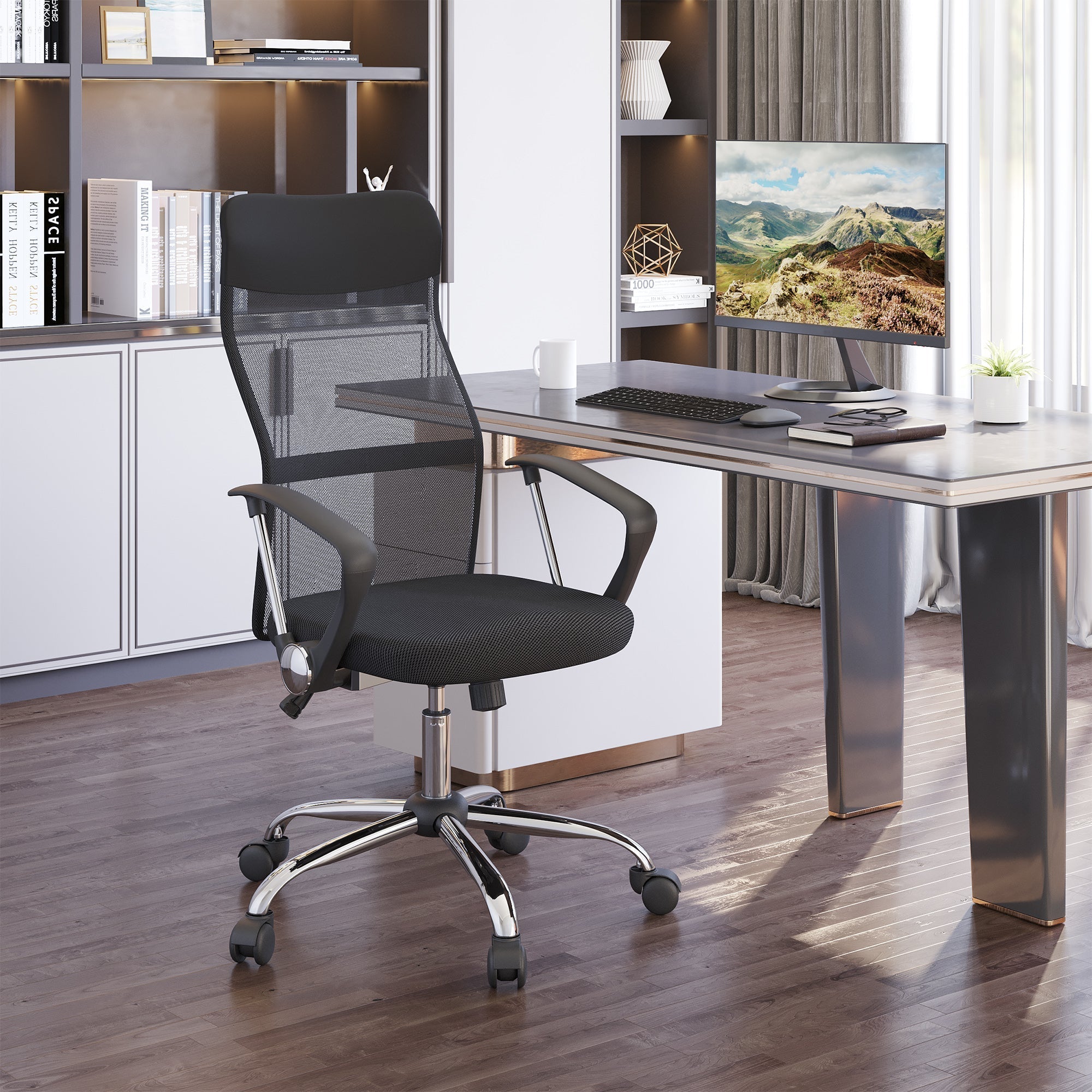 Mesh Office Chair, High Back Desk Chair, Swivel Computer Chair with Adjustable Height, Wheels, Black Task Chairs   at Gallery Canada