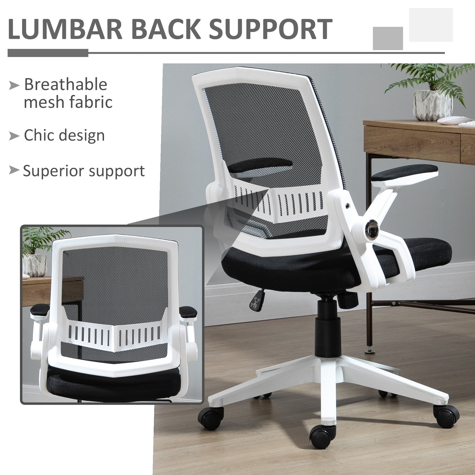 Mesh Office Chair Swivel Task Desk Chair with Lumbar Back Support, Adjustable Height, Flip-Up Arm, Black Task Chairs   at Gallery Canada