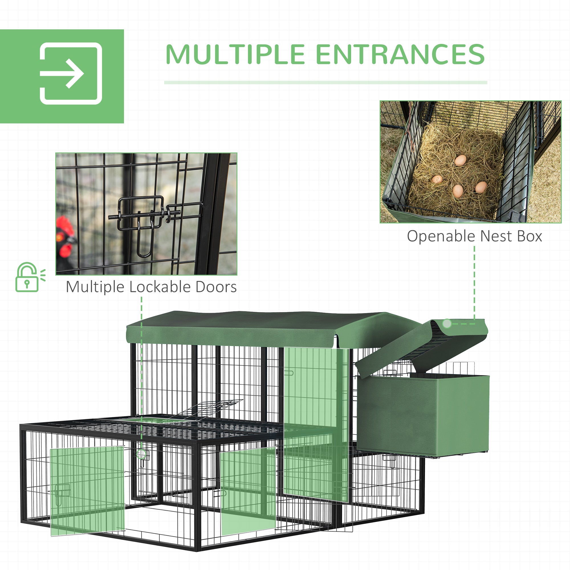 Metal Chicken Coop, Outdoor Hen House Poultry Duck Goose Cage with Water-Resistant Canopy, Run, Nesting Box, Lockable Doors, Green Chicken Coops   at Gallery Canada