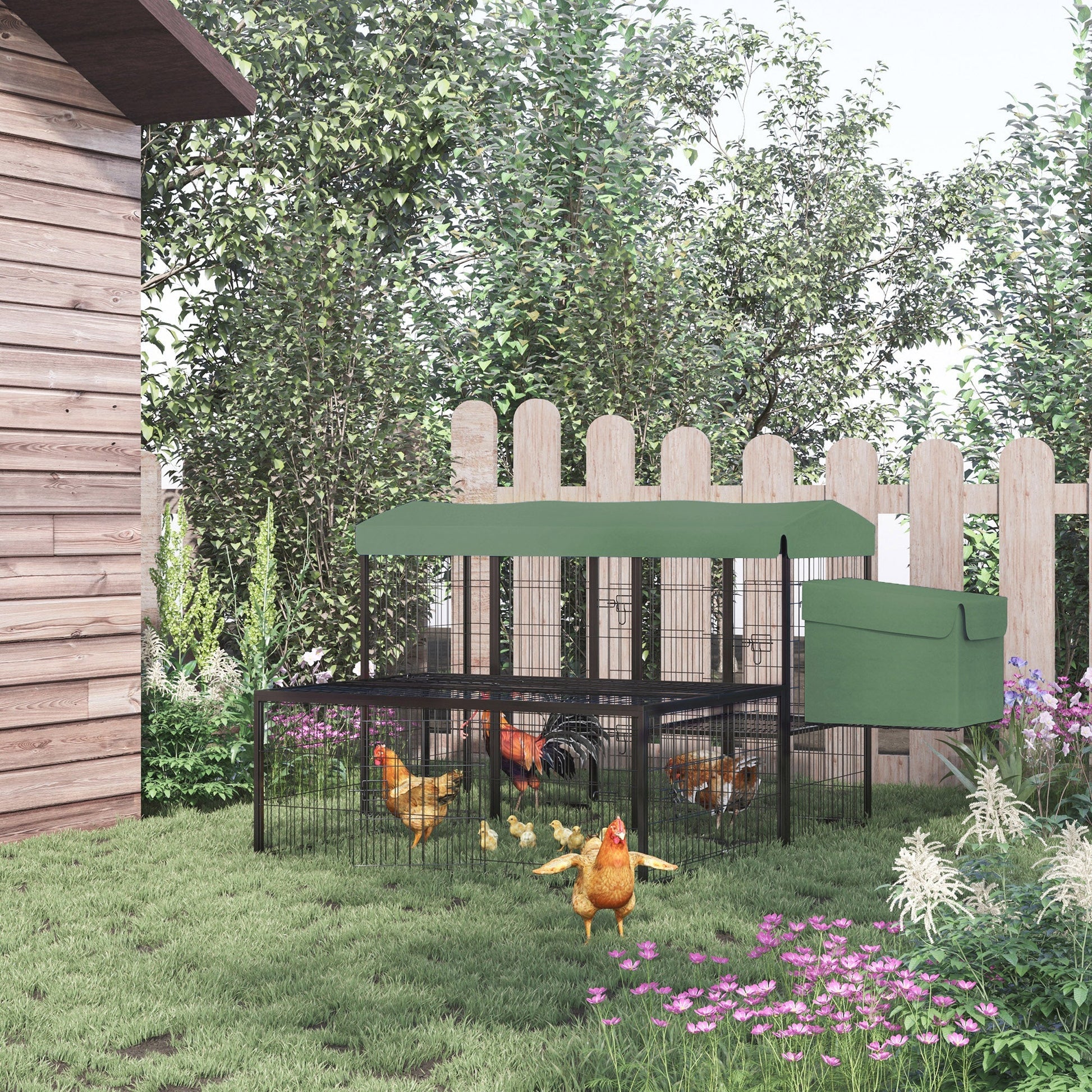 Metal Chicken Coop, Outdoor Hen House Poultry Duck Goose Cage with Water-Resistant Canopy, Run, Nesting Box, Lockable Doors, Green Chicken Coops   at Gallery Canada