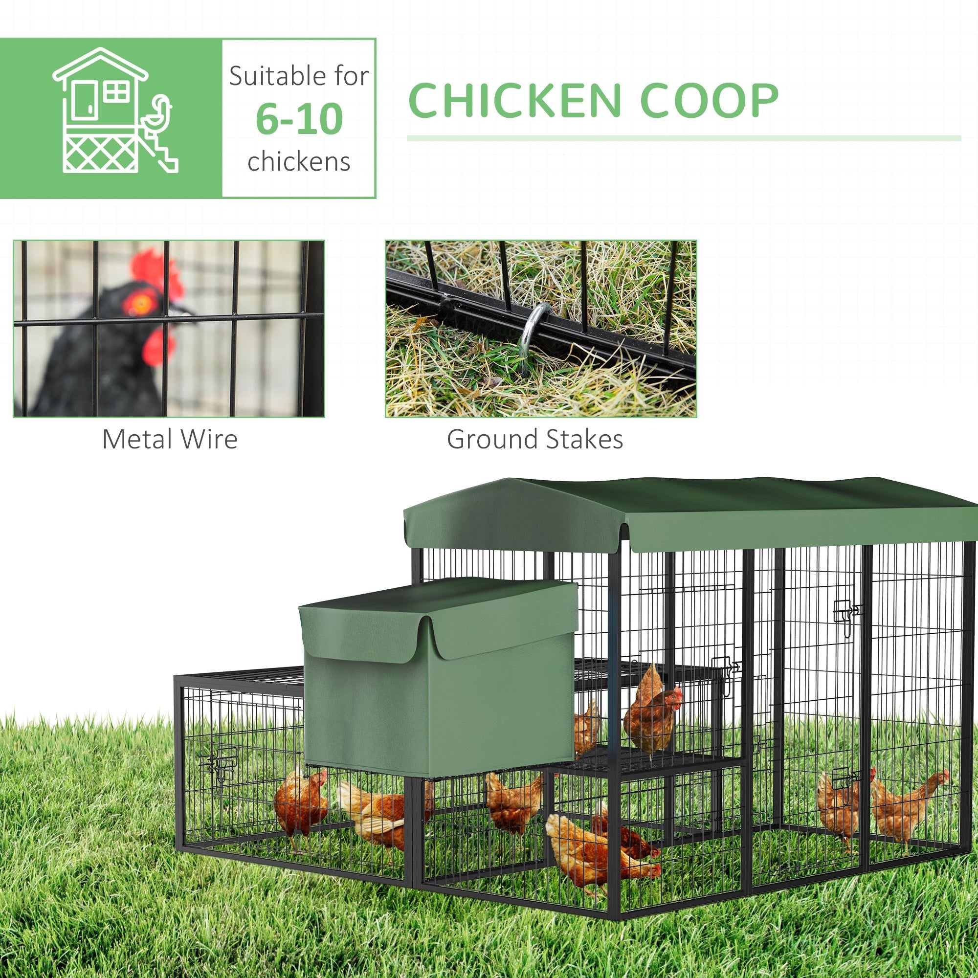 Metal Chicken Coop, Outdoor Hen House Poultry Duck Goose Cage with Water-Resistant Canopy, Run, Nesting Box, Lockable Doors, Green Chicken Coops   at Gallery Canada