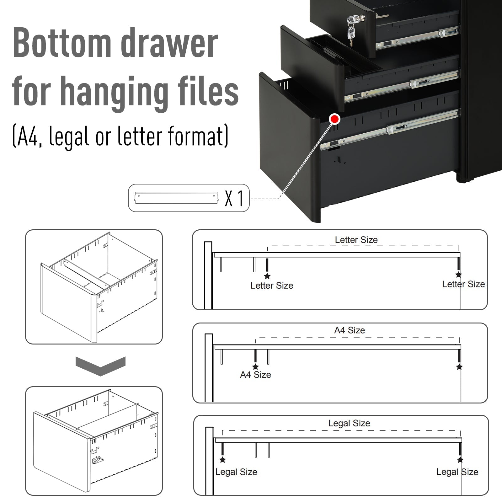 Metal Filing Cabinet 3 Drawer, Vertical File Cabinet with Lock, Mobile Office Cabinet with Wheels for Legal, Letter, A4 File, Black Office Cabinets & Cupboards   at Gallery Canada