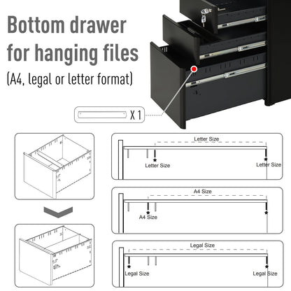 Metal Filing Cabinet 3 Drawer, Vertical File Cabinet with Lock, Mobile Office Cabinet with Wheels for Legal, Letter, A4 File, Black Office Cabinets & Cupboards   at Gallery Canada