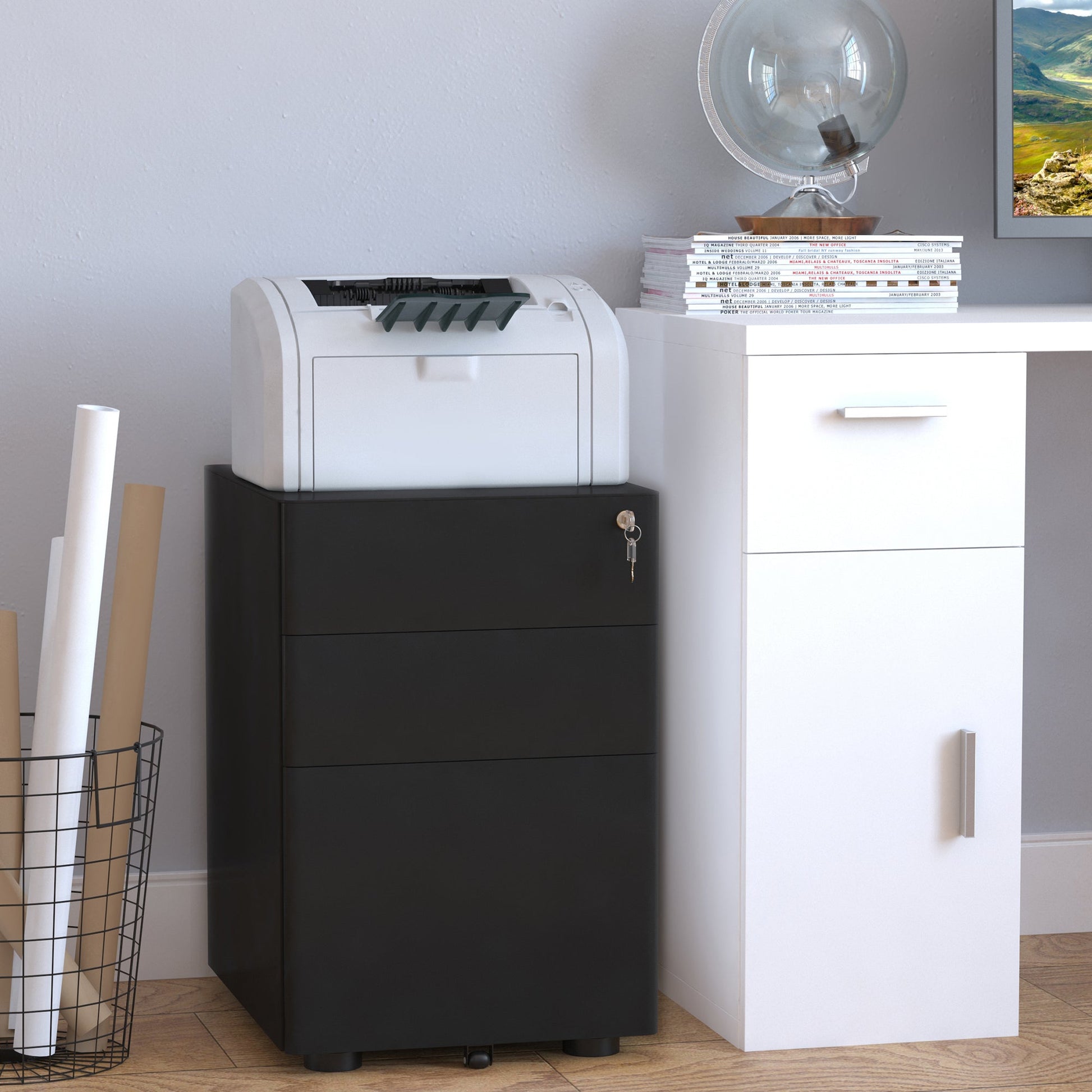 Metal Filing Cabinet 3 Drawer, Vertical File Cabinet with Lock, Mobile Office Cabinet with Wheels for Legal, Letter, A4 File, Black Office Cabinets & Cupboards   at Gallery Canada