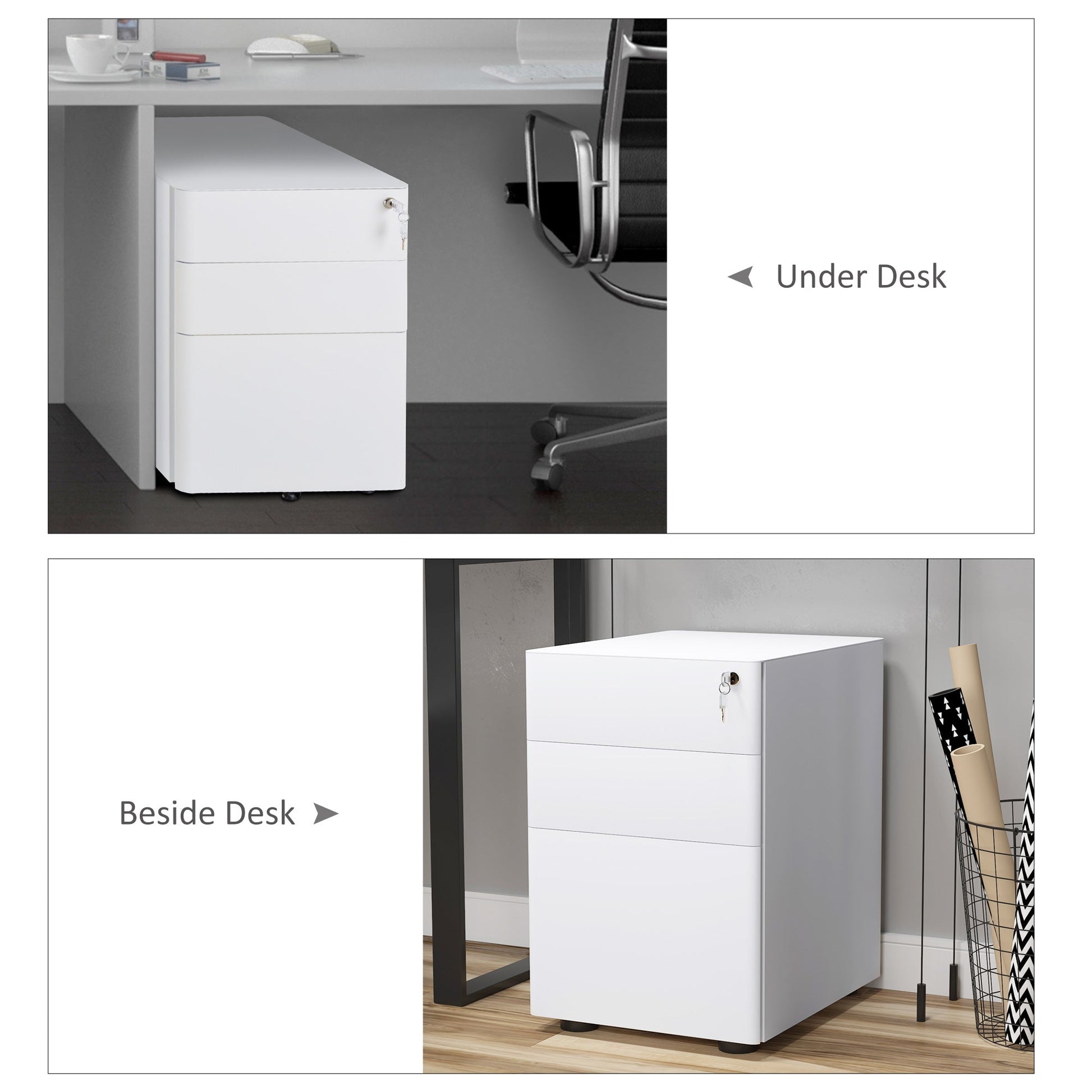 Metal Filing Cabinet 3 Drawer, Vertical File Cabinet with Lock, Mobile Office Cabinet with Wheels for Legal, Letter, A4 File, White Office Cabinets & Cupboards   at Gallery Canada