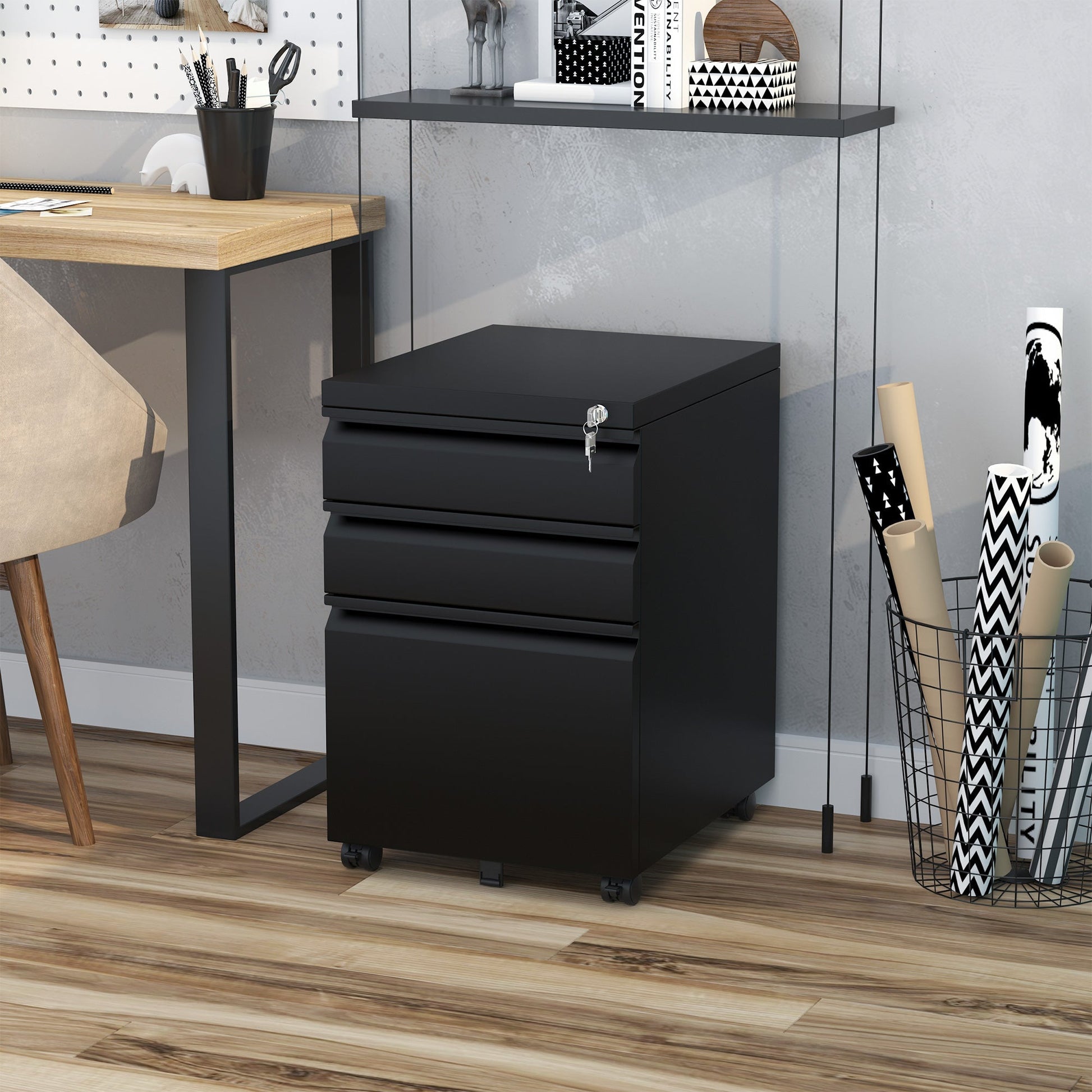 Metal Filing Cabinet with 3 Drawers, Vertical File Cabinet with Lock, Mobile Office Cabinet with Wheels for Legal, Letter, A4 Files, Black Office Cabinets & Cupboards   at Gallery Canada