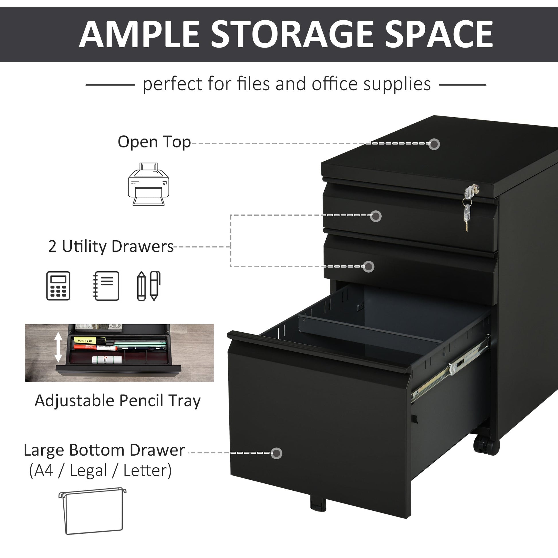 Metal Filing Cabinet with 3 Drawers, Vertical File Cabinet with Lock, Mobile Office Cabinet with Wheels for Legal, Letter, A4 Files, Black Office Cabinets & Cupboards   at Gallery Canada