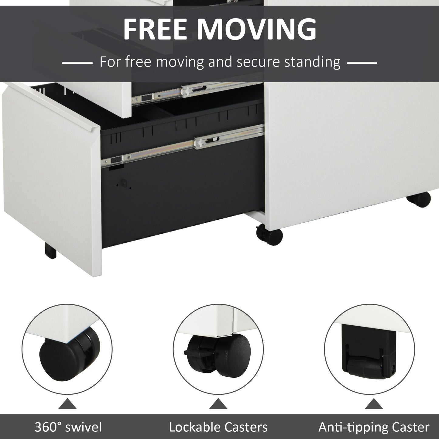 Metal Filing Cabinet with 3 Drawers, Vertical File Cabinet with Lock, Mobile Office Cabinet with Wheels for Legal, Letter, A4 Files, White Office Cabinets & Cupboards   at Gallery Canada