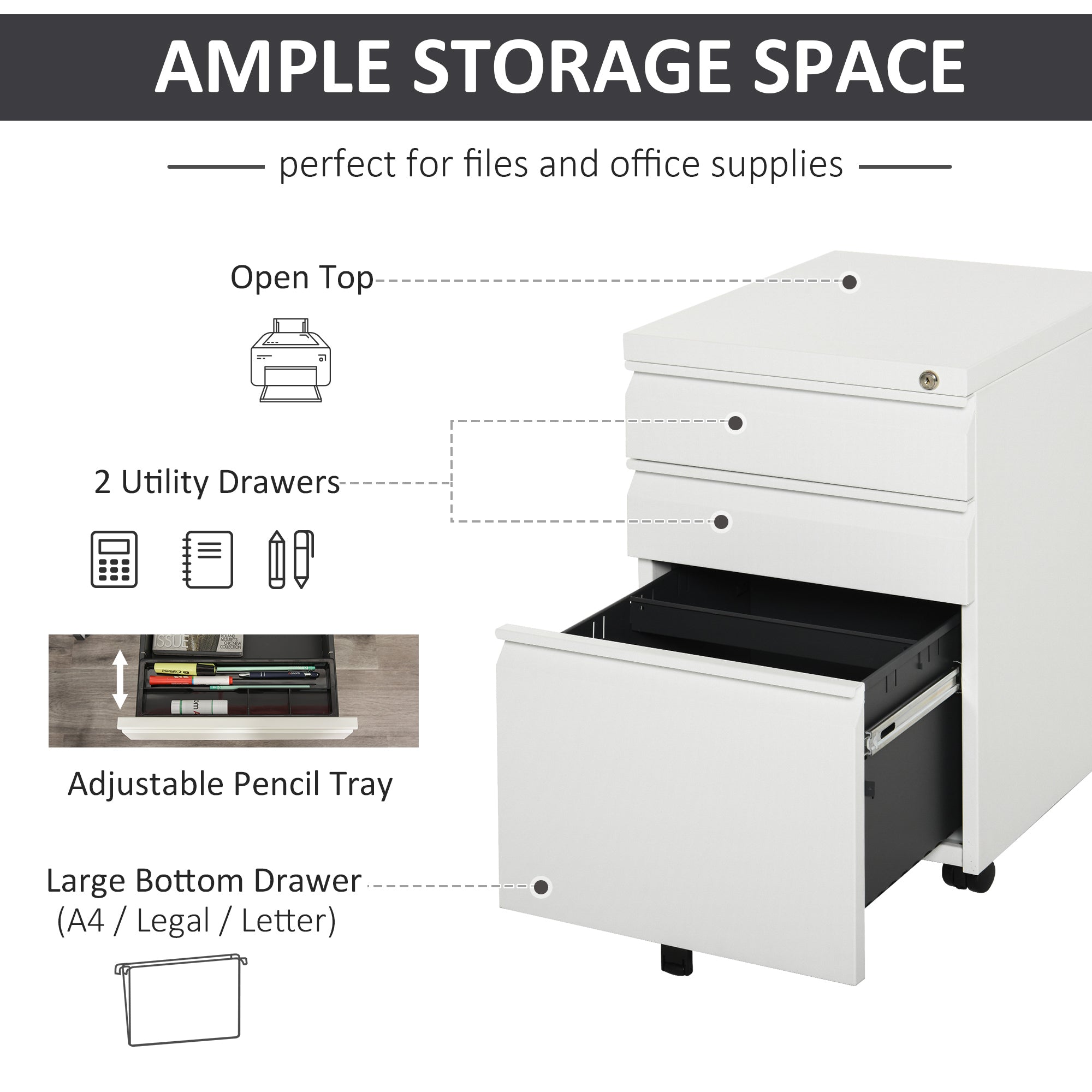 Metal Filing Cabinet with 3 Drawers, Vertical File Cabinet with Lock, Mobile Office Cabinet with Wheels for Legal, Letter, A4 Files, White Office Cabinets & Cupboards   at Gallery Canada