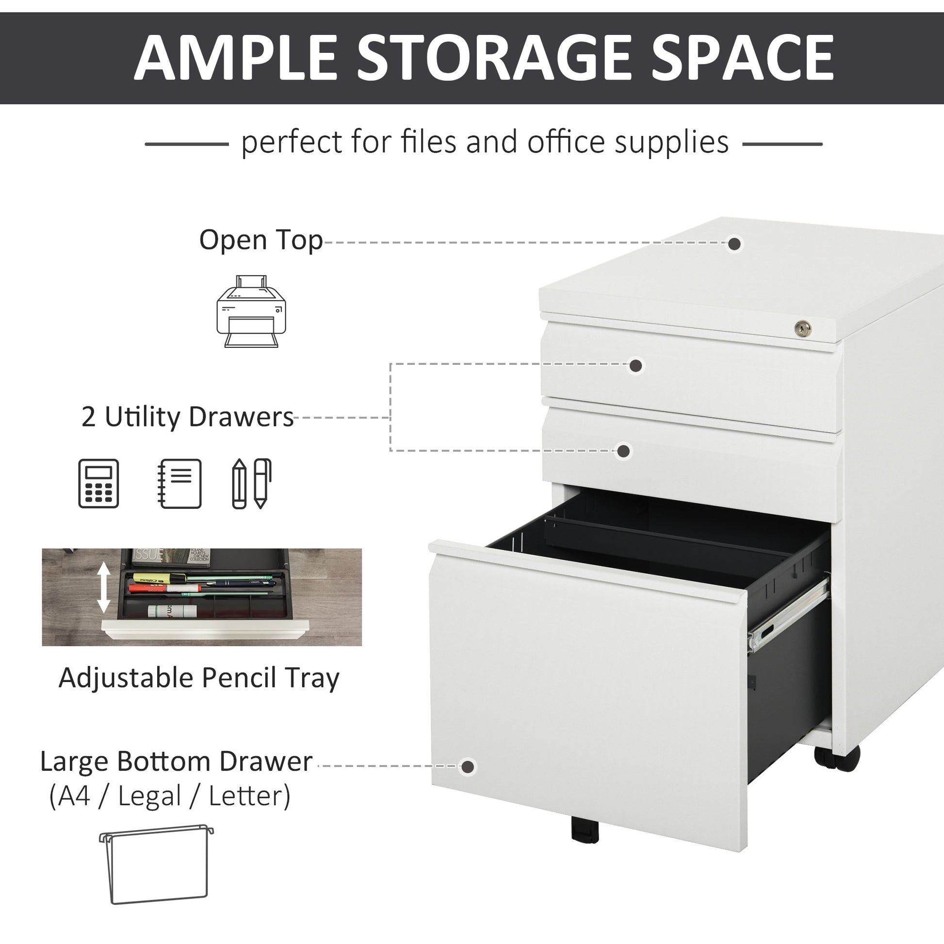 Metal Filing Cabinet with 3 Drawers, Vertical File Cabinet with Lock, Mobile Office Cabinet with Wheels for Legal, Letter, A4 Files, White Office Cabinets & Cupboards   at Gallery Canada