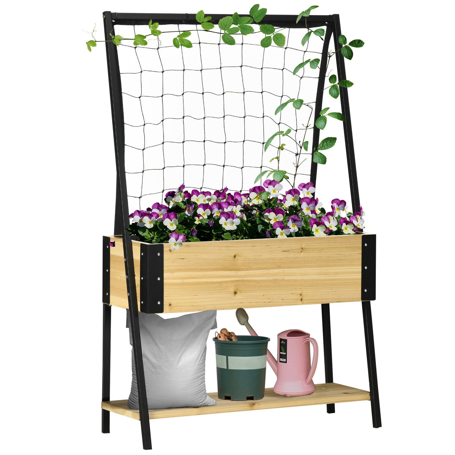 Elevated Metal Garden Bed with Trellis, Storage Shelf, Liner, Drainage Holes, Natural Elevated Garden Beds Multi Colour  at Gallery Canada