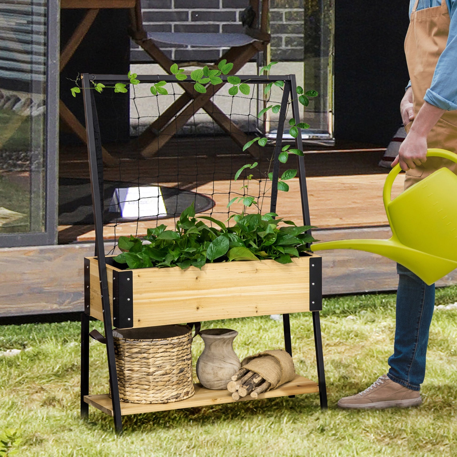 Elevated Metal Garden Bed with Trellis, Storage Shelf, Liner, Drainage Holes, Natural Elevated Garden Beds   at Gallery Canada