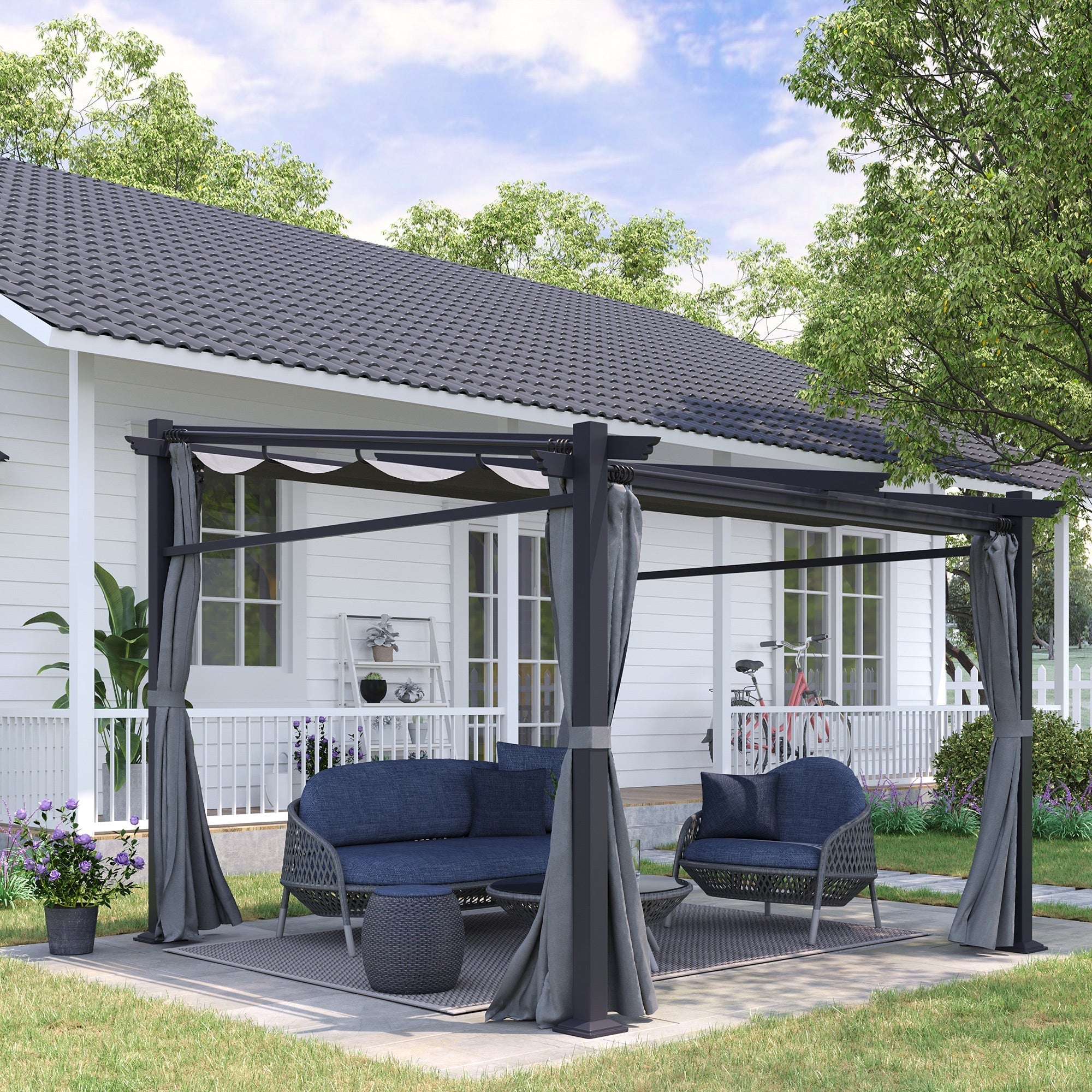 Metal Pergola with Sliding Roof Canopy, Retractable Pergola Canopy, 10' x 10', Dark Grey Pergolas   at Gallery Canada