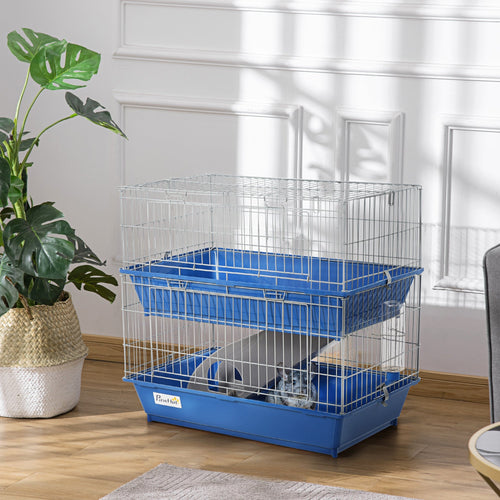 2-Tier Metal Small Animal Cage with Ramp, Dish, Bottle, Deep Base, Blue