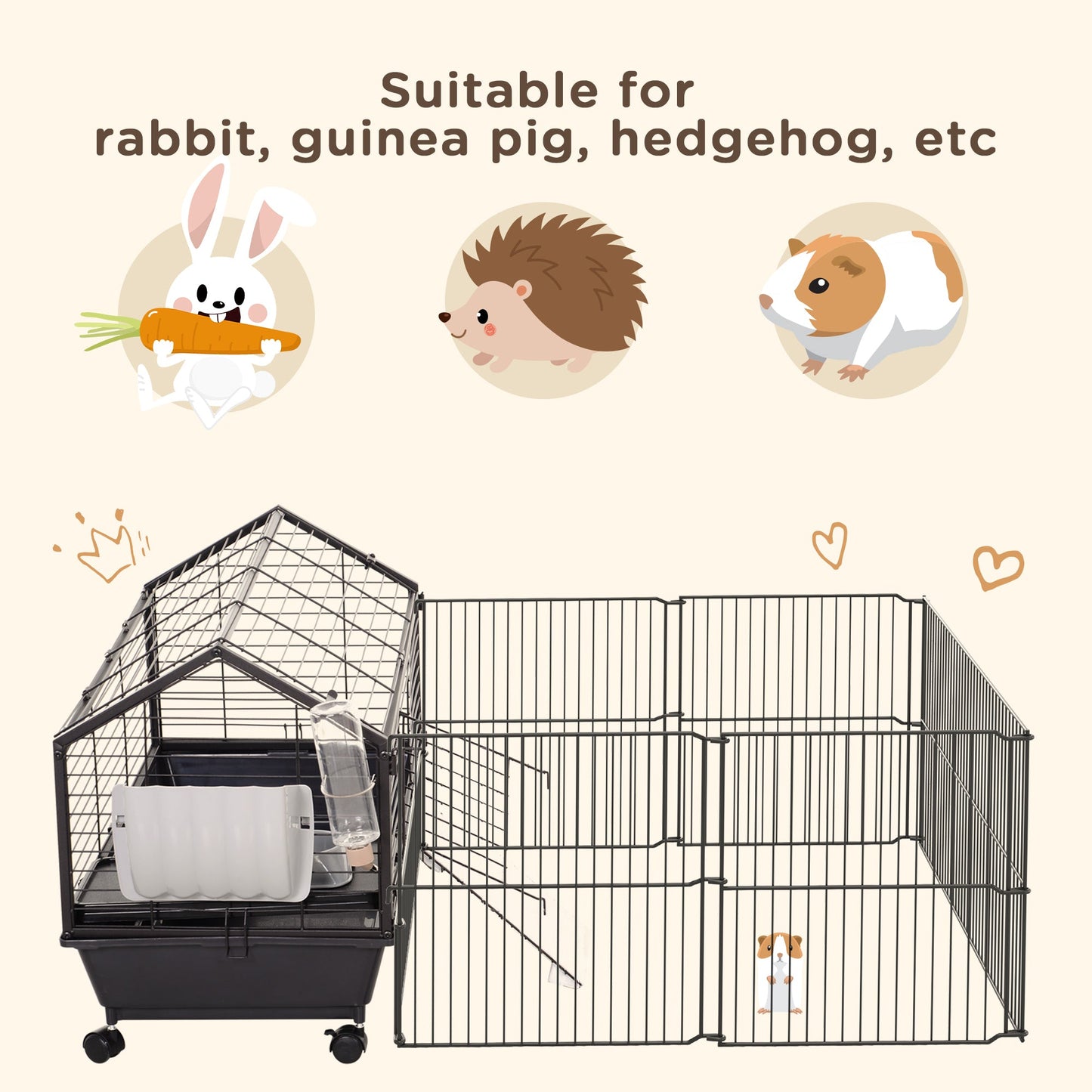 Foldable Metal Small Animal Cage with Wheels, 34.6"x50.6"x22", Beige/Black Houses & Habitats   at Gallery Canada