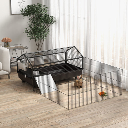 Metal Small Animal Cage, Rabbit Cage for Guinea Pig, Chinchilla, Hedgehog, Bunny with Removable Wheels and Foldable Detachable Run Fence 47.2