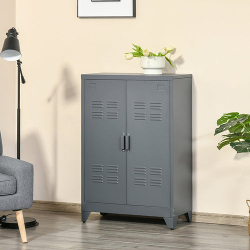 Metal Storage Cabinet, Industrial Sideboard Buffet Cabinet with 2 Louvered Doors, Adjustable Shelves, Grey