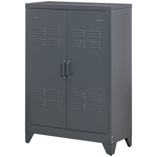 Metal Storage Cabinet, Industrial Sideboard Buffet Cabinet with 2 Louvered Doors, Adjustable Shelves, Grey