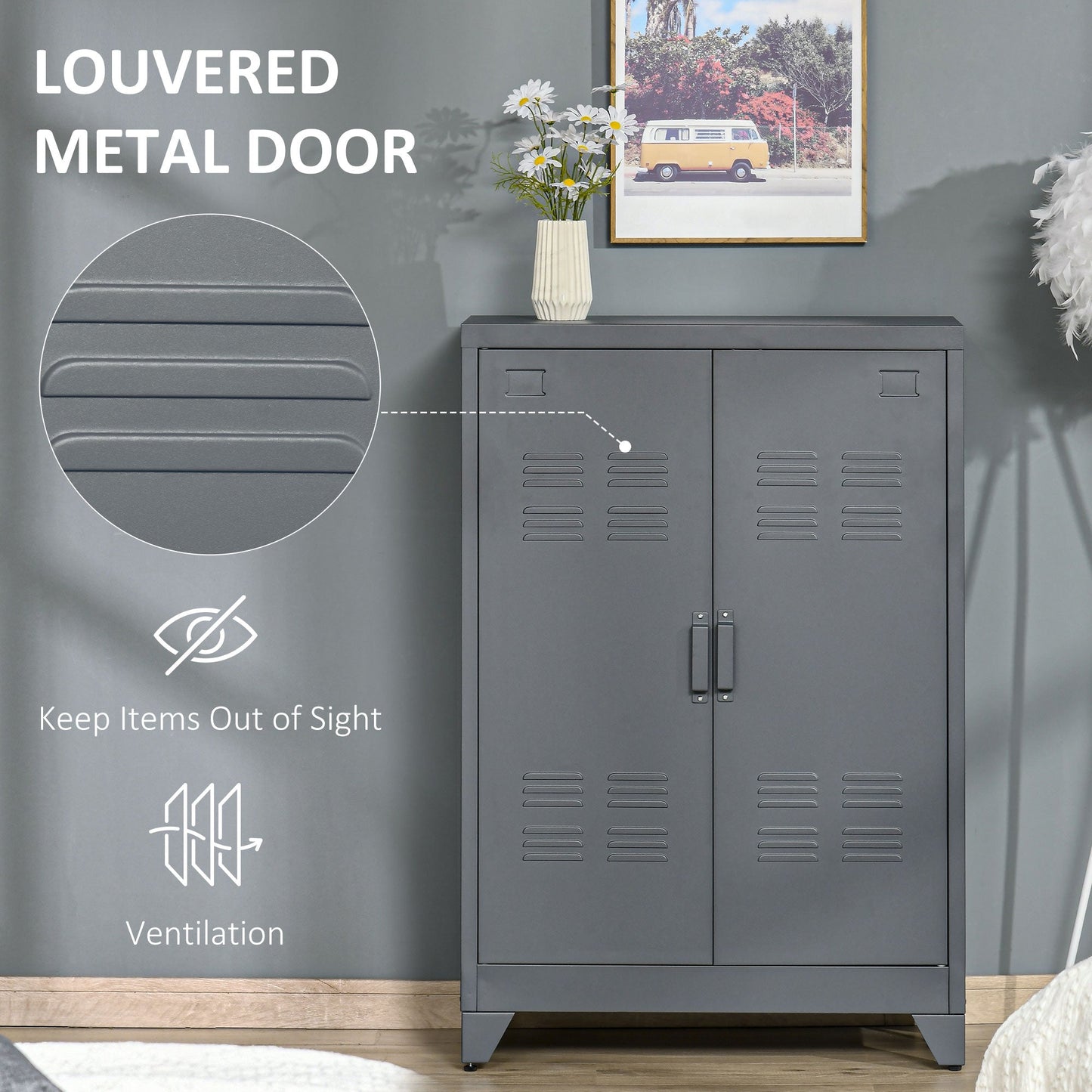 Metal Storage Cabinet, Industrial Sideboard Buffet Cabinet with 2 Louvered Doors, Adjustable Shelves, Grey Storage Cabinets   at Gallery Canada