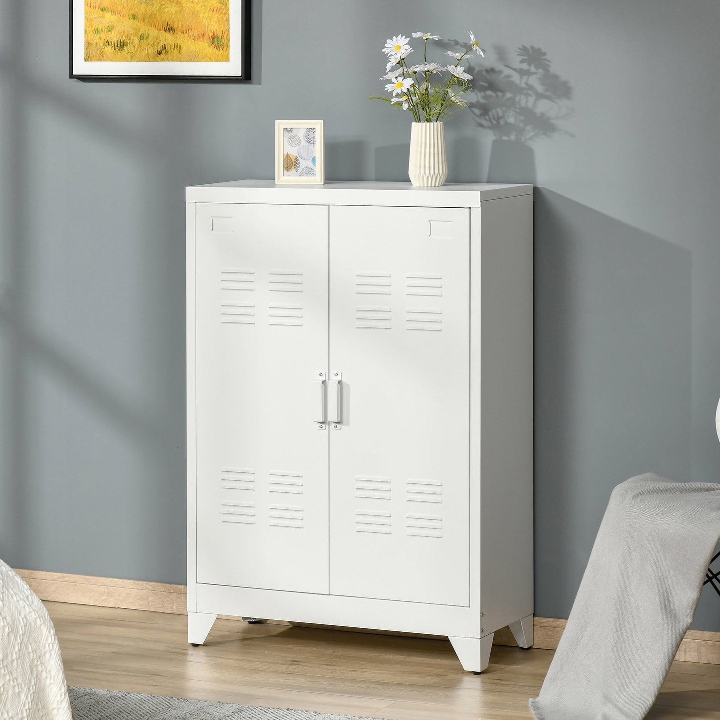 Metal Storage Cabinet, Industrial Sideboard Buffet Cabinet with 2 Louvered Doors, Adjustable Shelves, White Storage Cabinets   at Gallery Canada