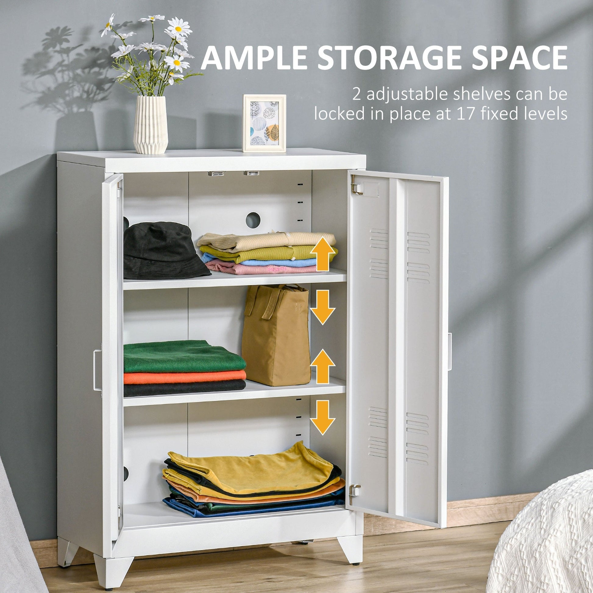 Metal Storage Cabinet, Industrial Sideboard Buffet Cabinet with 2 Louvered Doors, Adjustable Shelves, White Storage Cabinets   at Gallery Canada