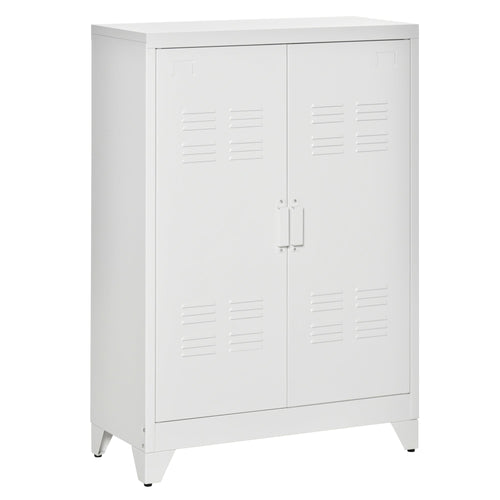 Metal Storage Cabinet, Industrial Sideboard Buffet Cabinet with 2 Louvered Doors, Adjustable Shelves, White