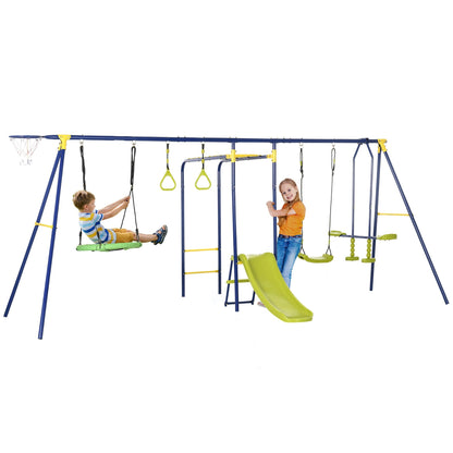 Metal Swing Set for Backyard with Saucer Swing, Glider, Slide, Gym Rings, Basketball Hoop, Heavy Duty A-Frame Stand, Aged 3-12 Years Old - Gallery Canada